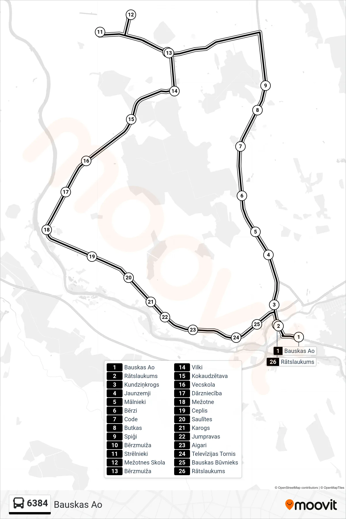 6384 bus Line (Bauskas Ao) route and stops on a map