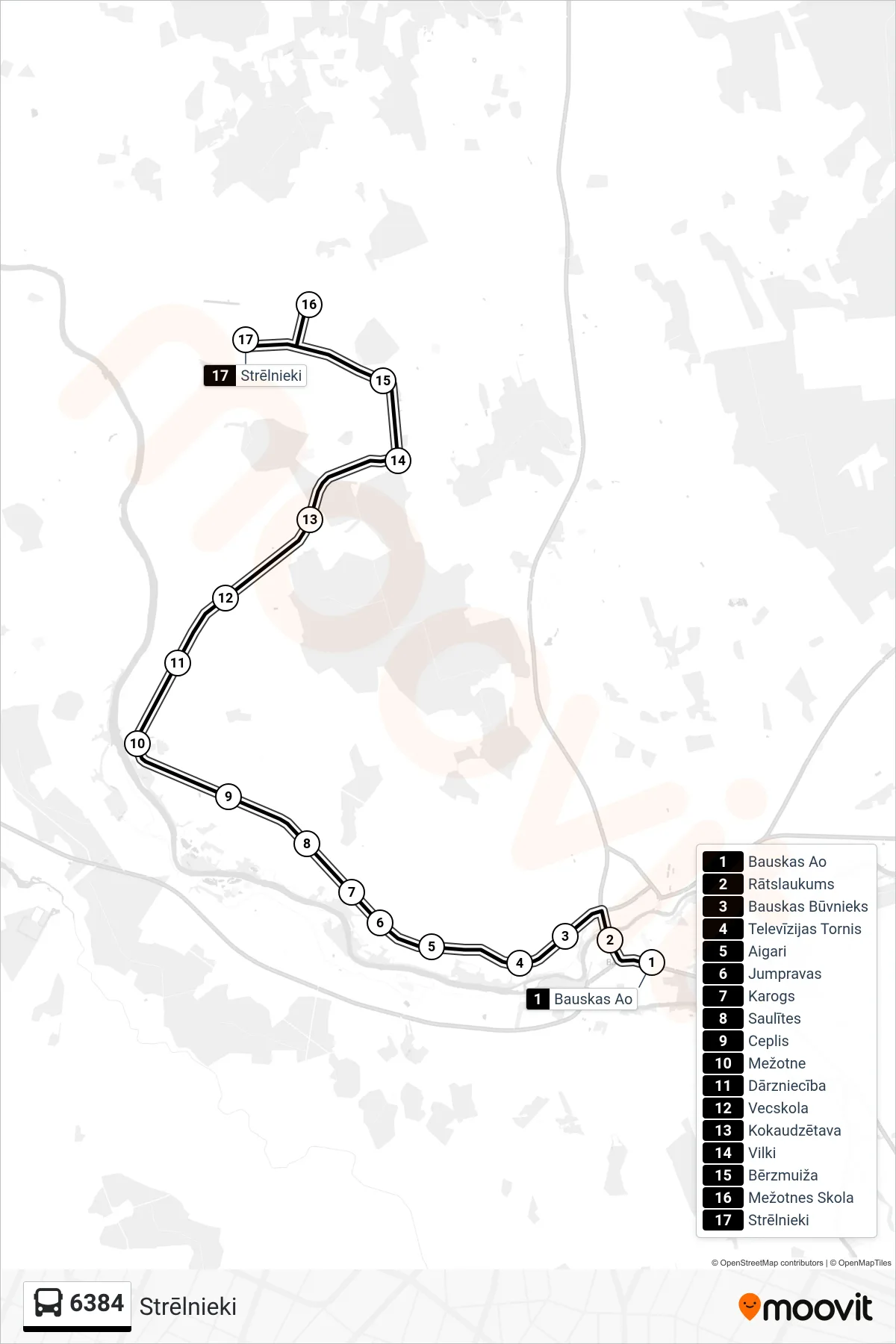 6384 bus Line (Strēlnieki) route and stops on a map