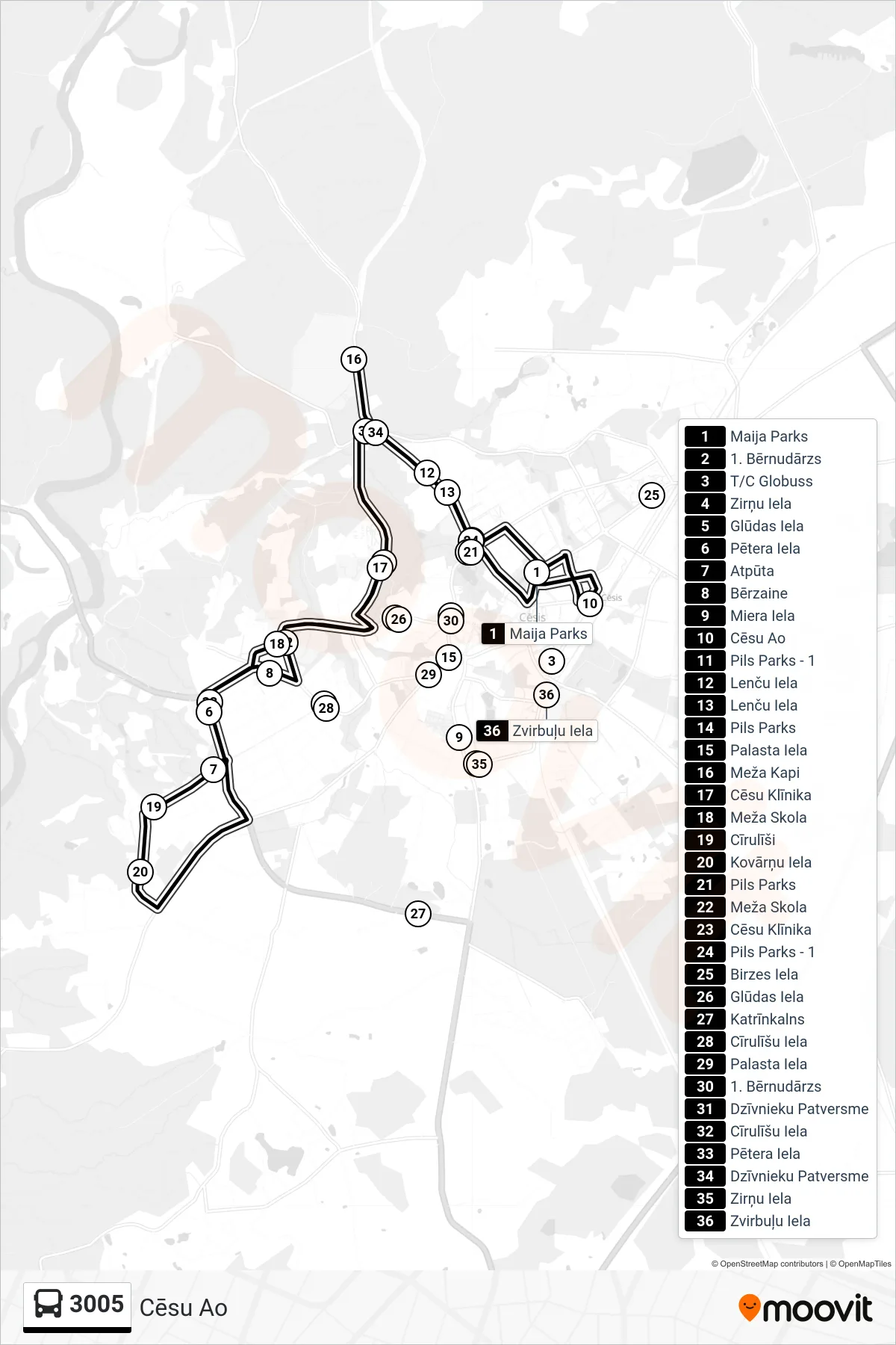 3005 bus Line (Cēsu Ao) route and stops on a map