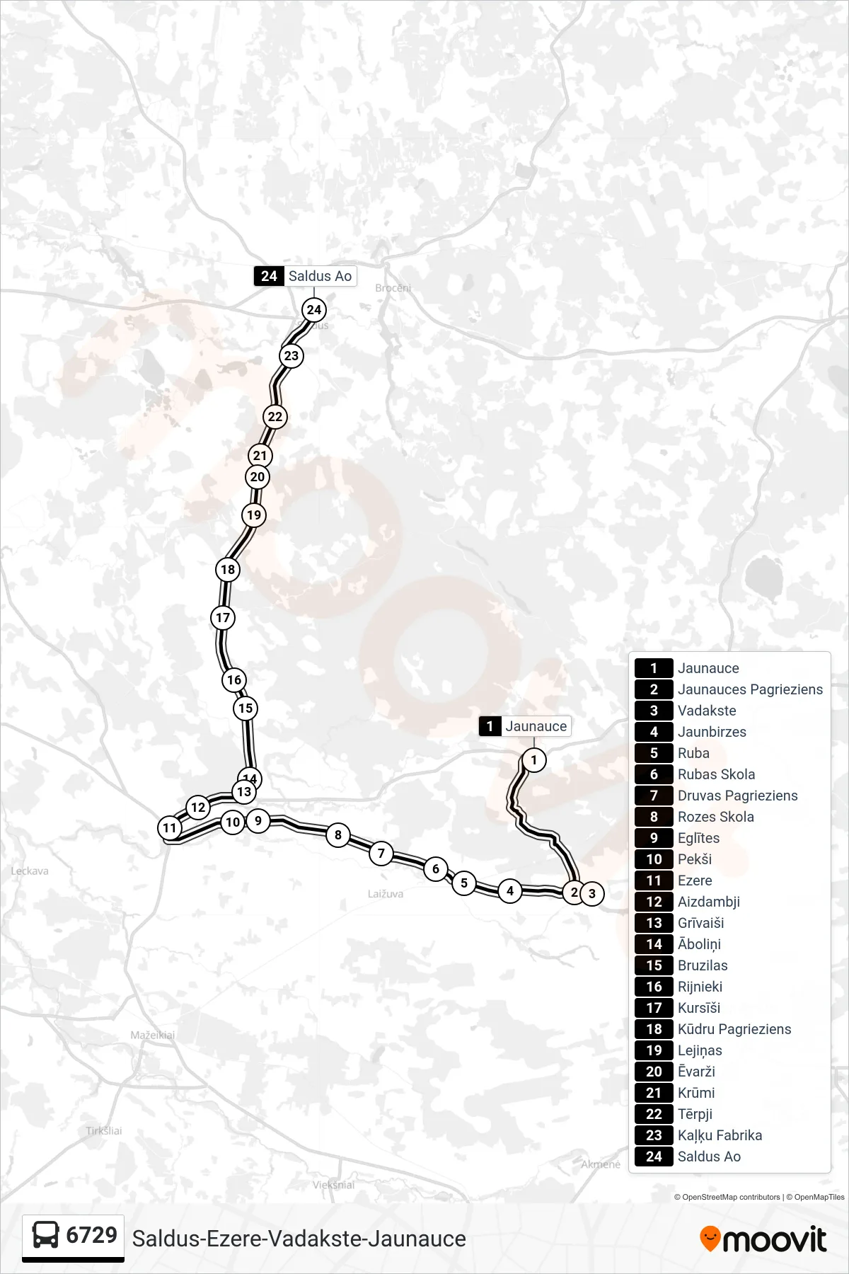 6729 bus Line (Saldus Ao) route and stops on a map