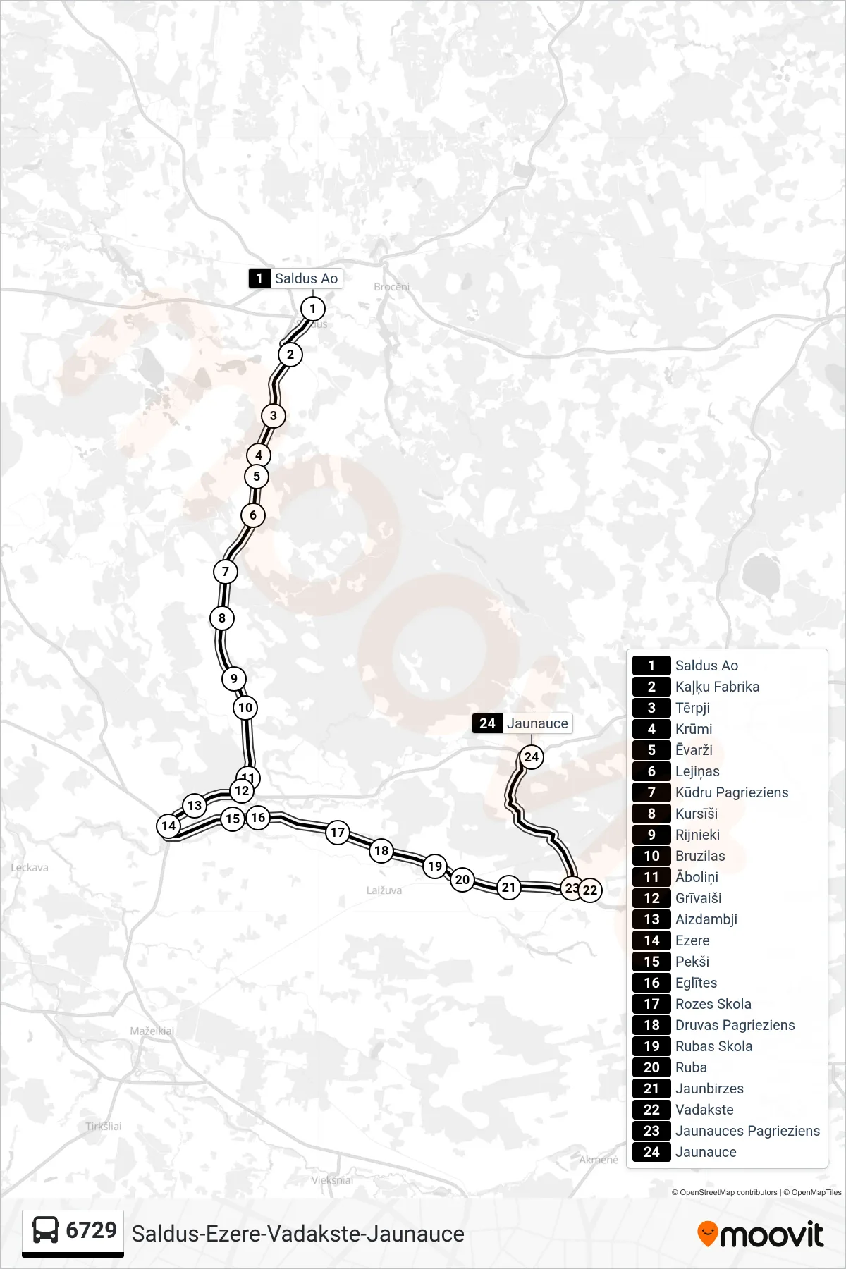 6729 bus Line (Jaunauce) route and stops on a map