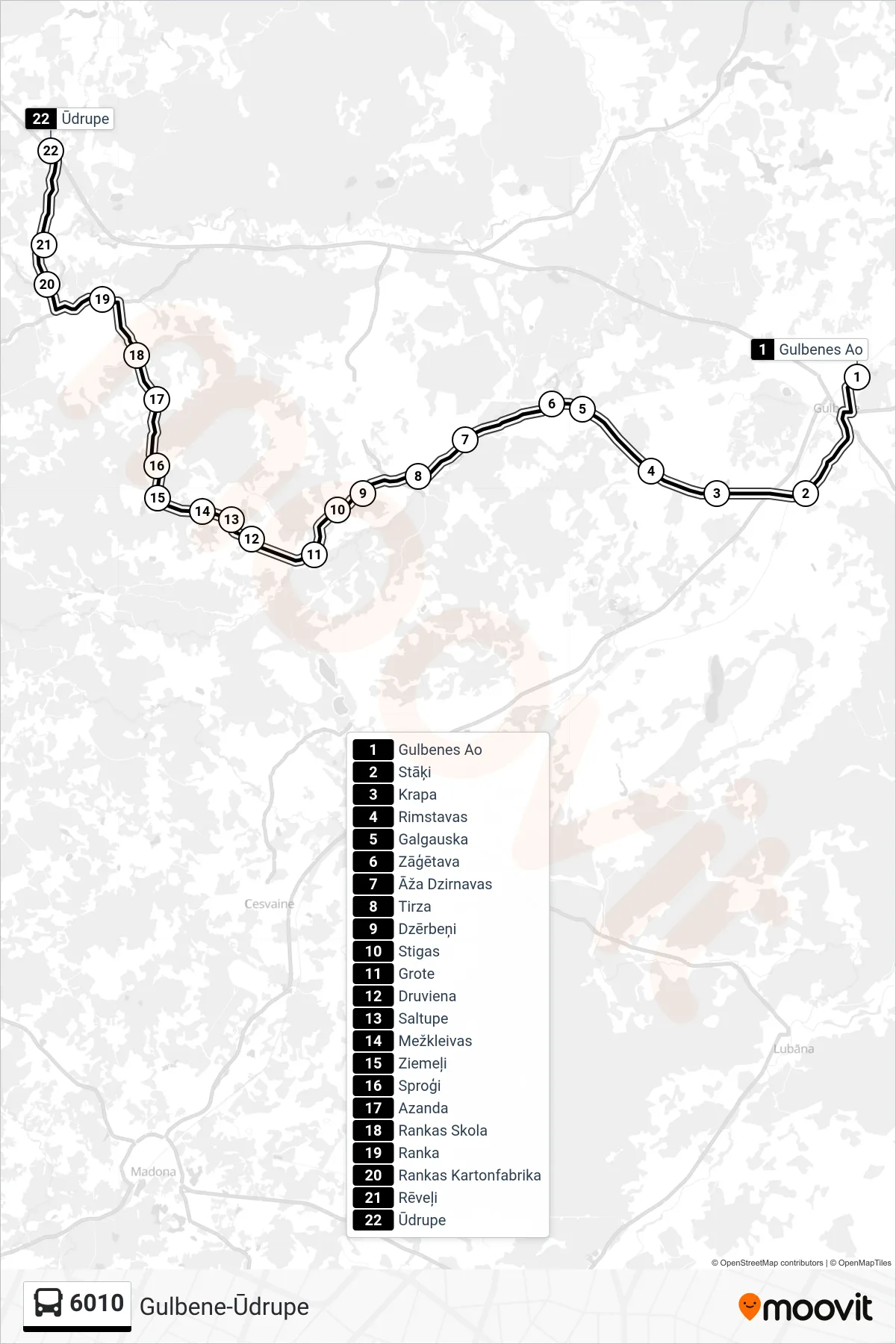 6010 bus Line (Ūdrupe) route and stops on a map