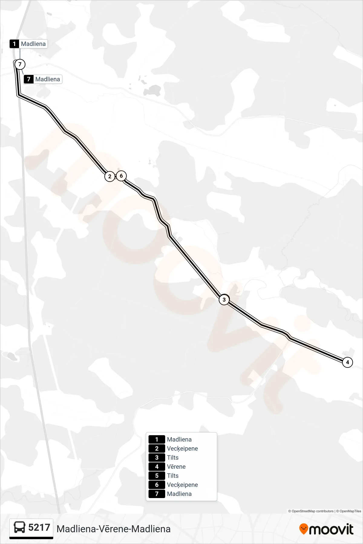 5217 bus Line (Madliena) route and stops on a map