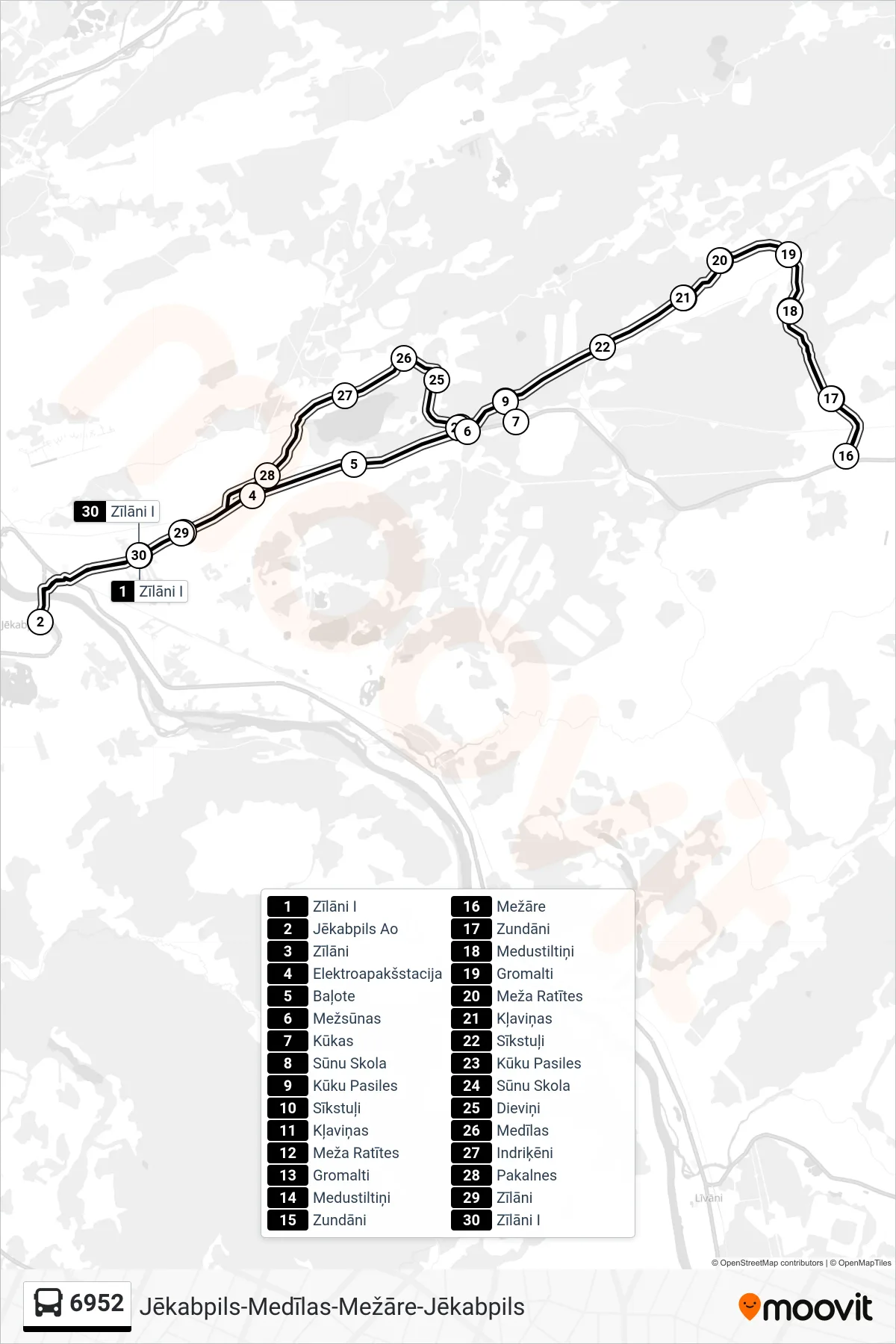 6952 bus Line (Jēkabpils Ao) route and stops on a map