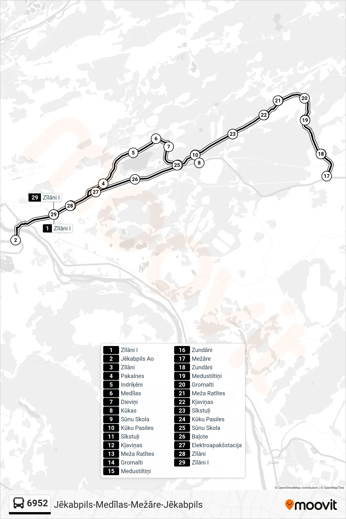 6952 bus Line (Jēkabpils Ao) route and stops on a map