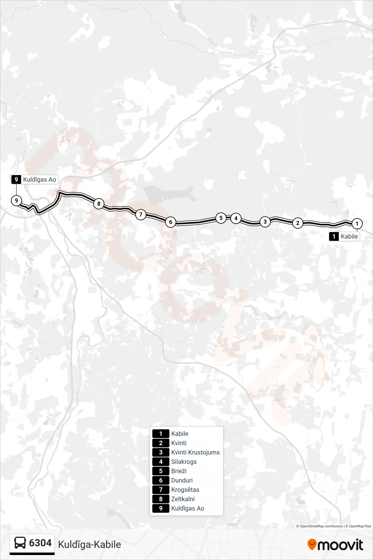 6304 bus Line (Kuldīgas Ao) route and stops on a map