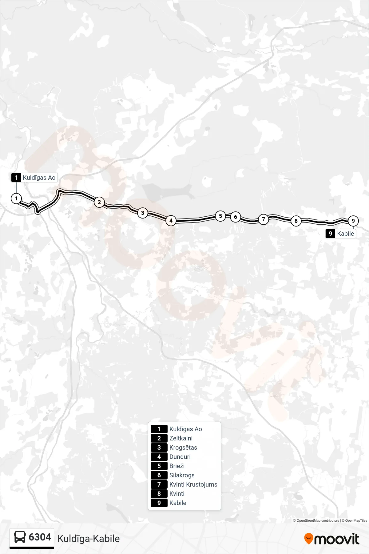6304 bus Line (Kabile) route and stops on a map