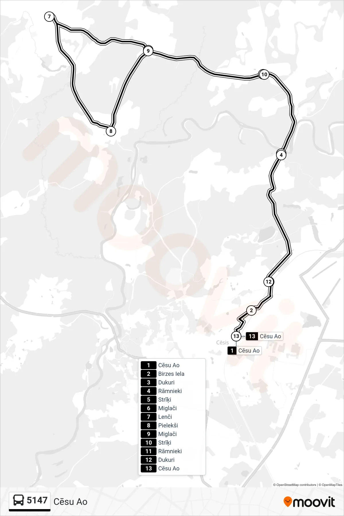 5147 bus Line (Cēsu Ao) route and stops on a map
