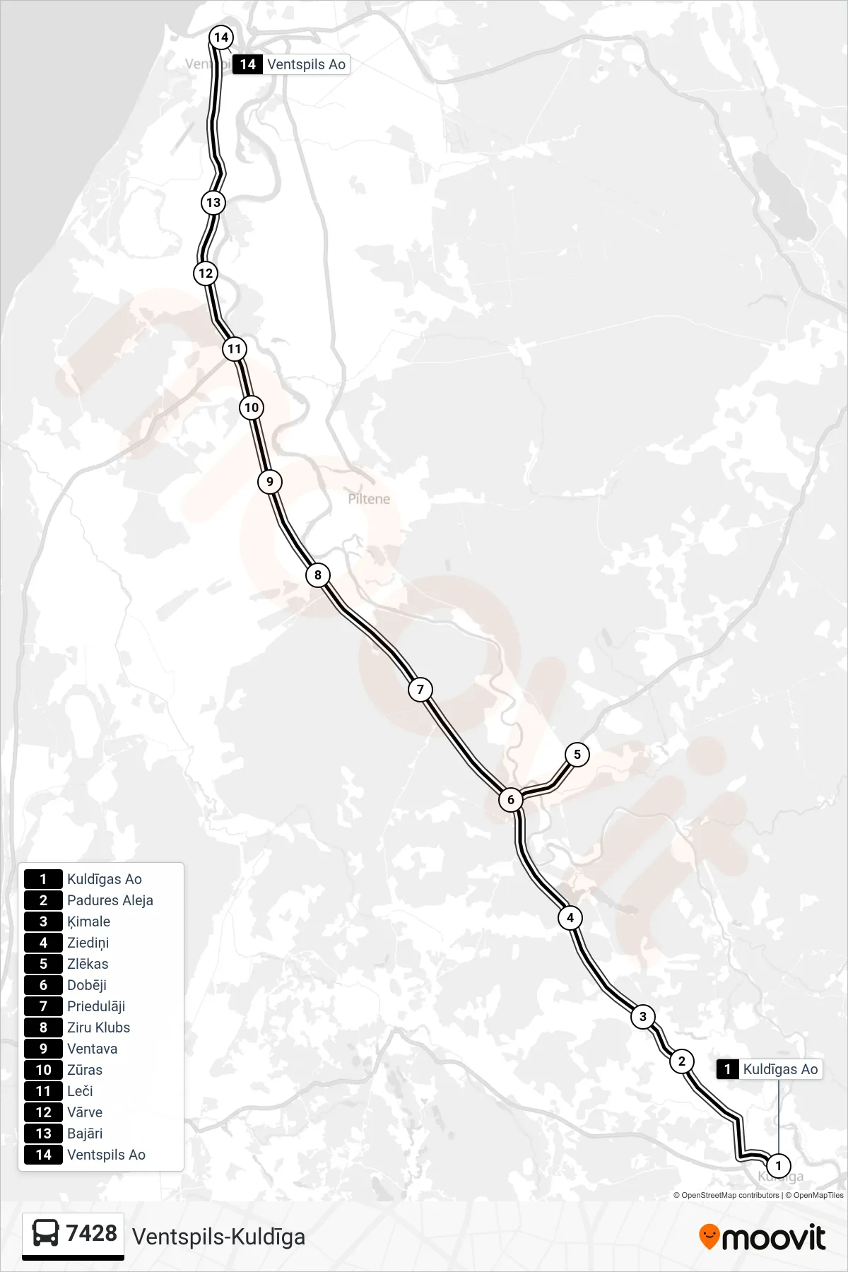 7428 bus Line (Ventspils Ao) route and stops on a map