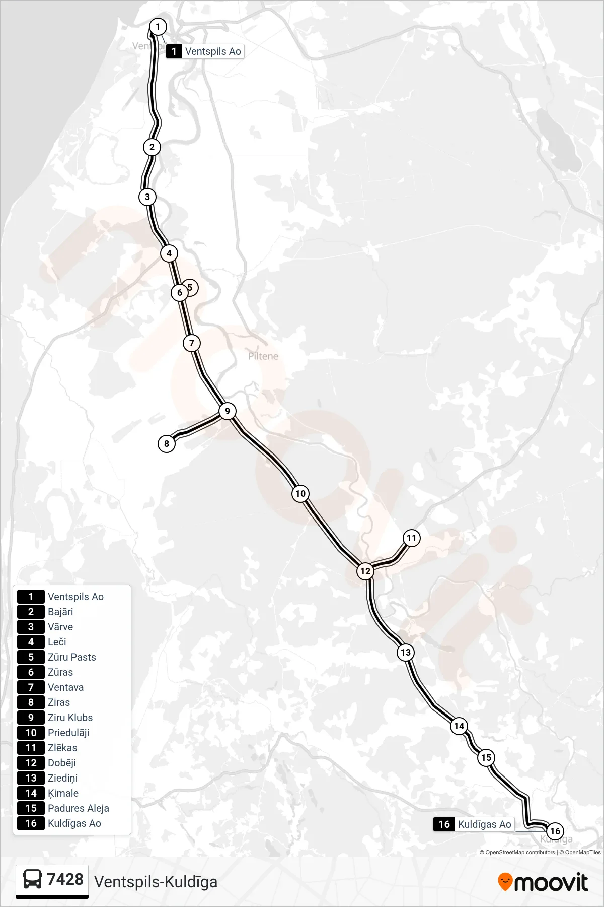 7428 bus Line (Kuldīgas Ao) route and stops on a map