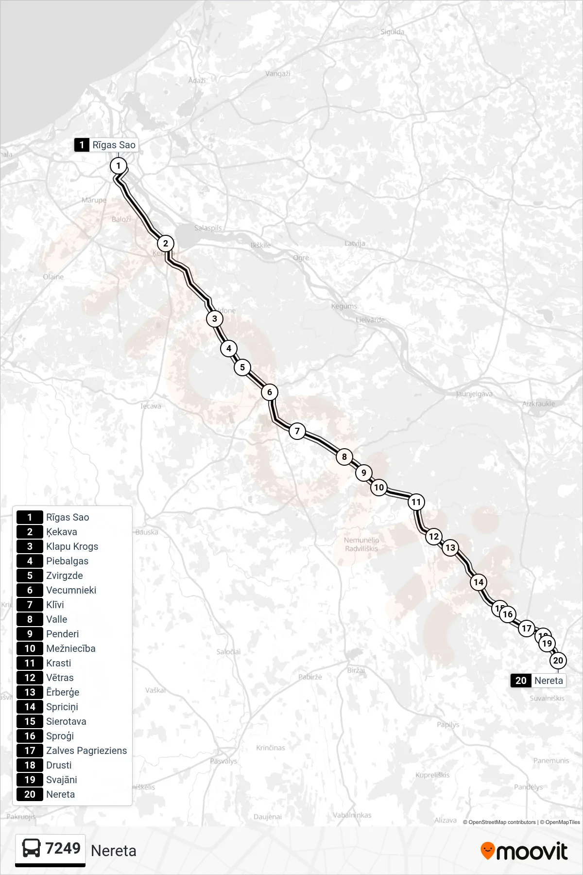 7249 bus Line (Nereta) route and stops on a map