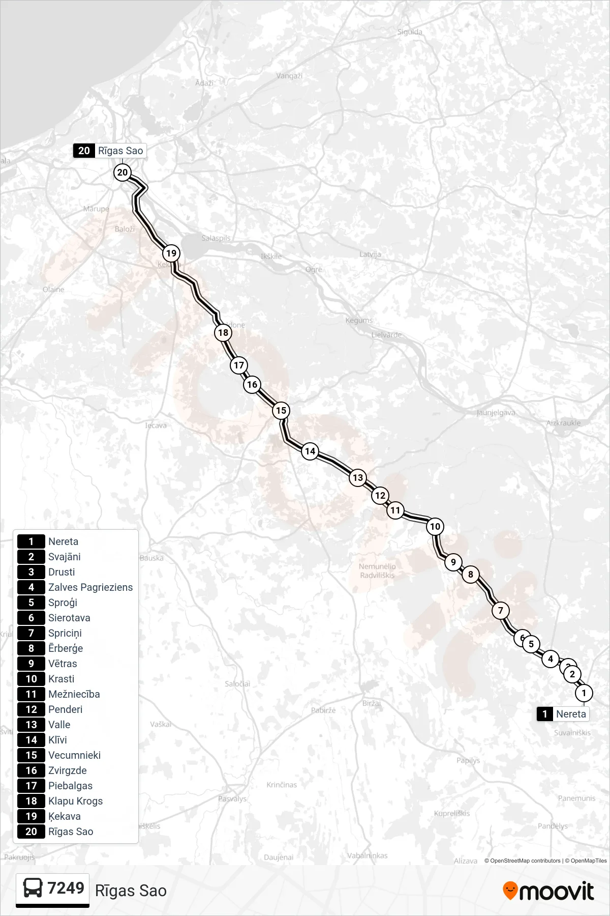 7249 bus Line (Rīgas Sao) route and stops on a map