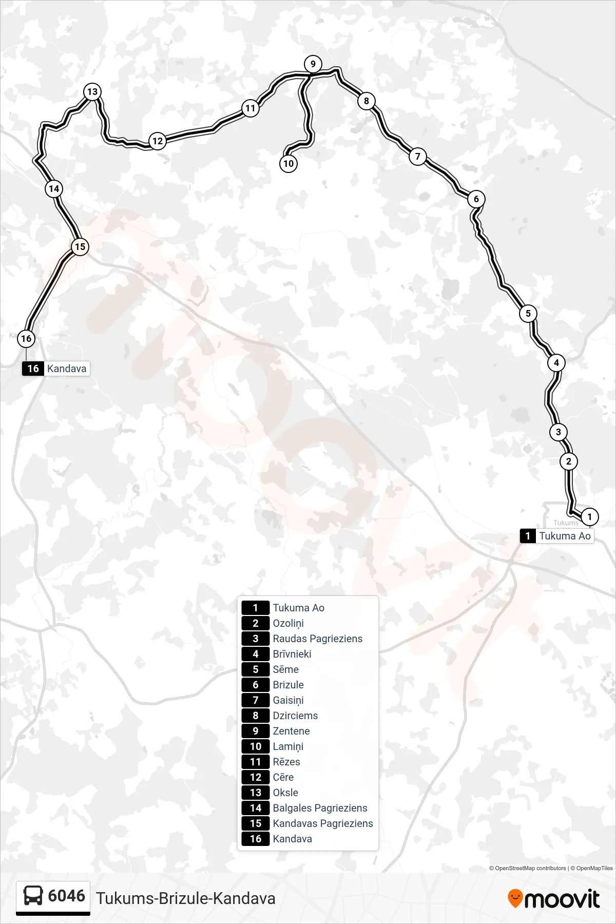 6046 bus Line (Kandava) route and stops on a map