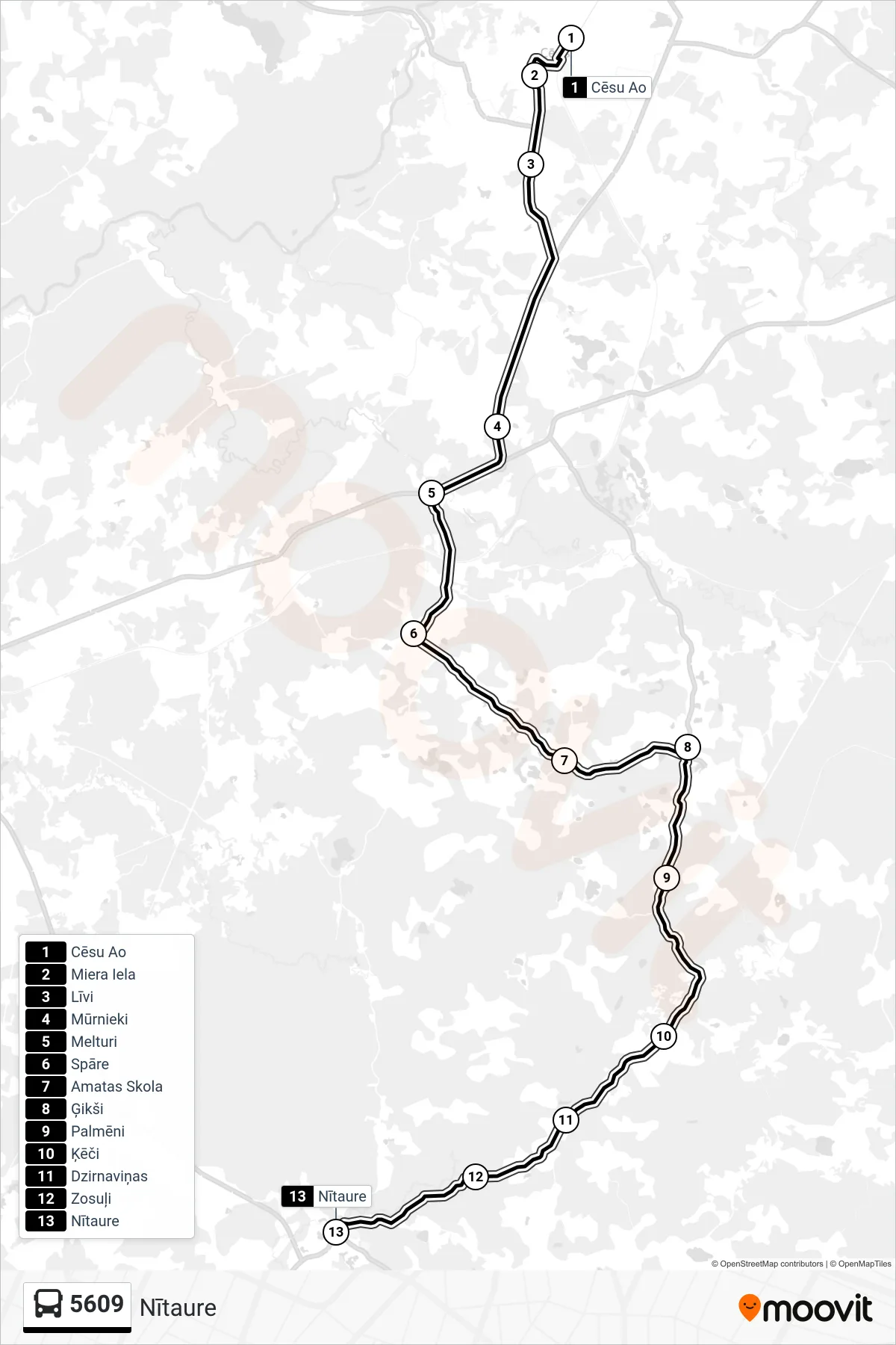 5609 bus Line (Nītaure) route and stops on a map