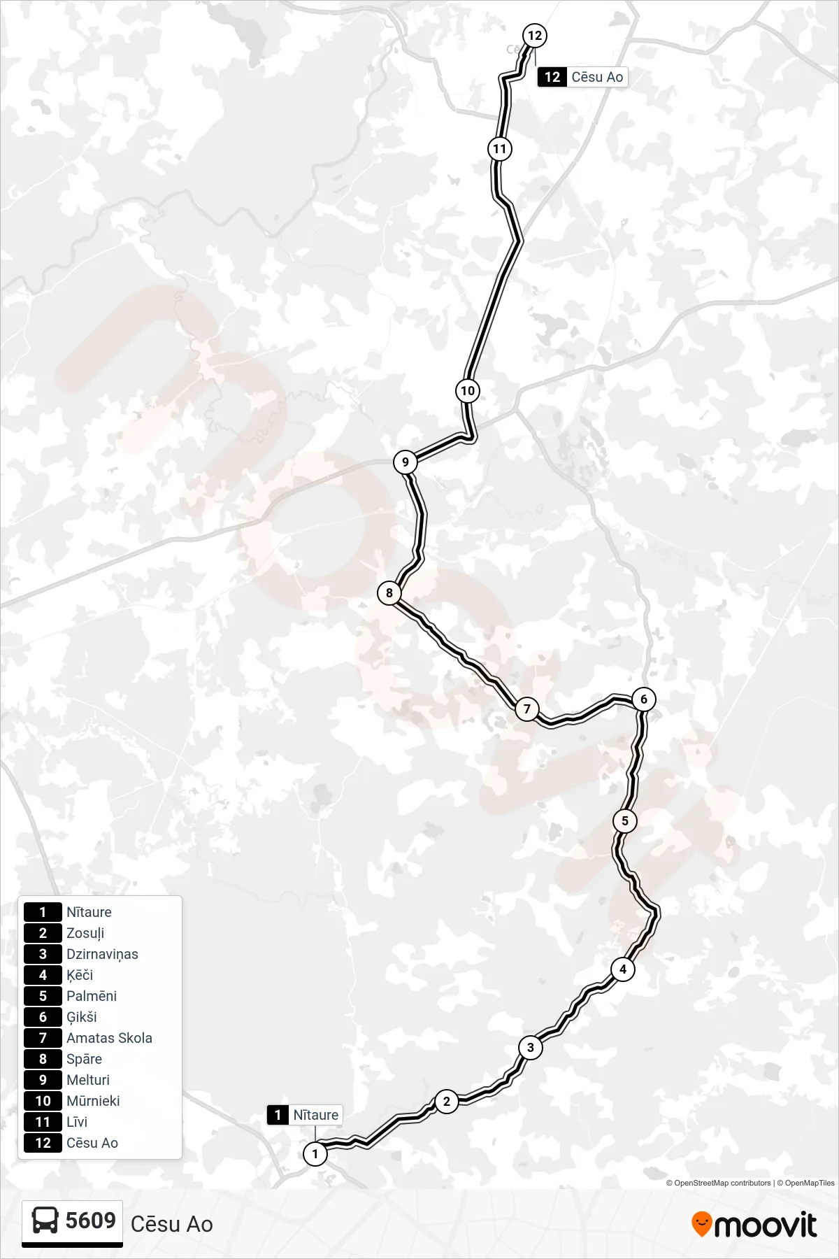 5609 bus Line (Cēsu Ao) route and stops on a map