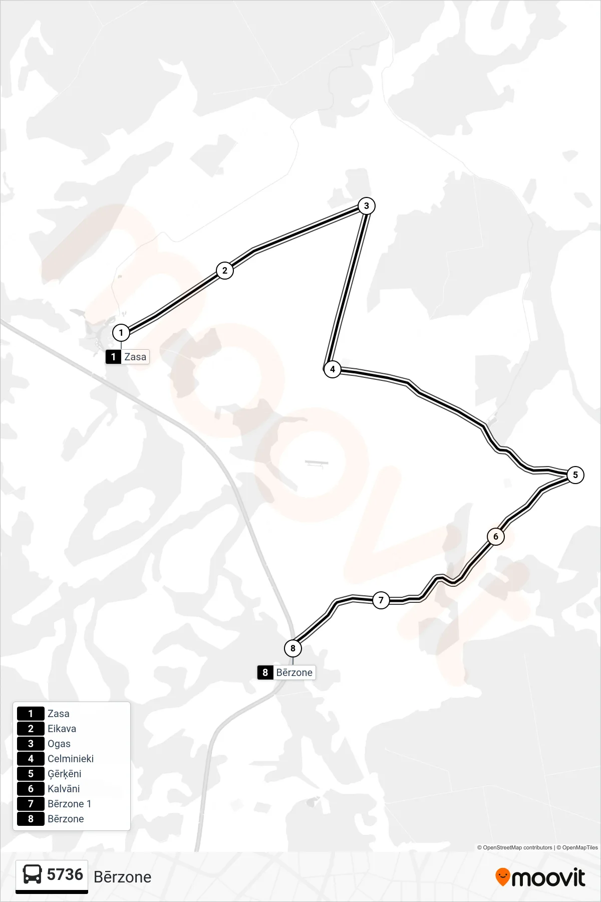 5736 bus Line (Bērzone) route and stops on a map