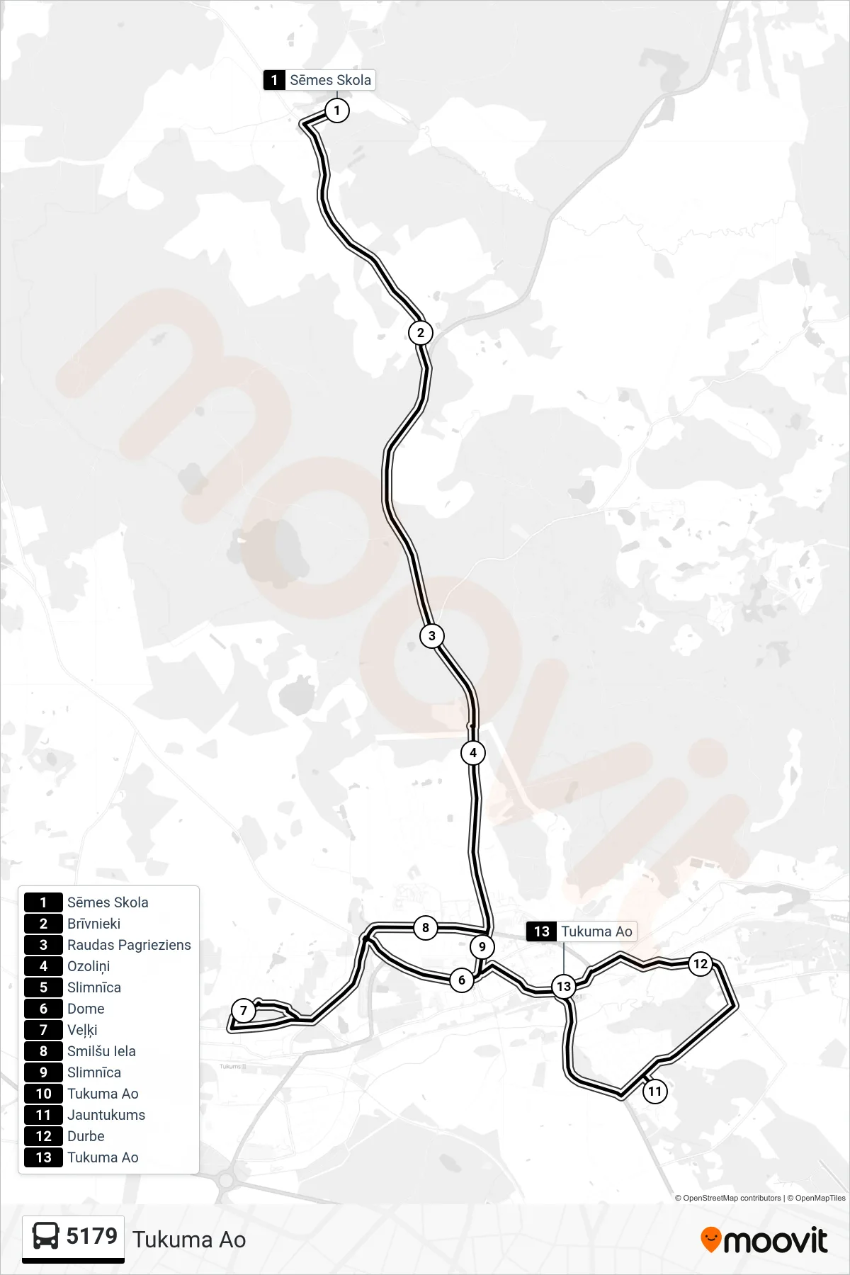 5179 bus Line (Tukuma Ao) route and stops on a map