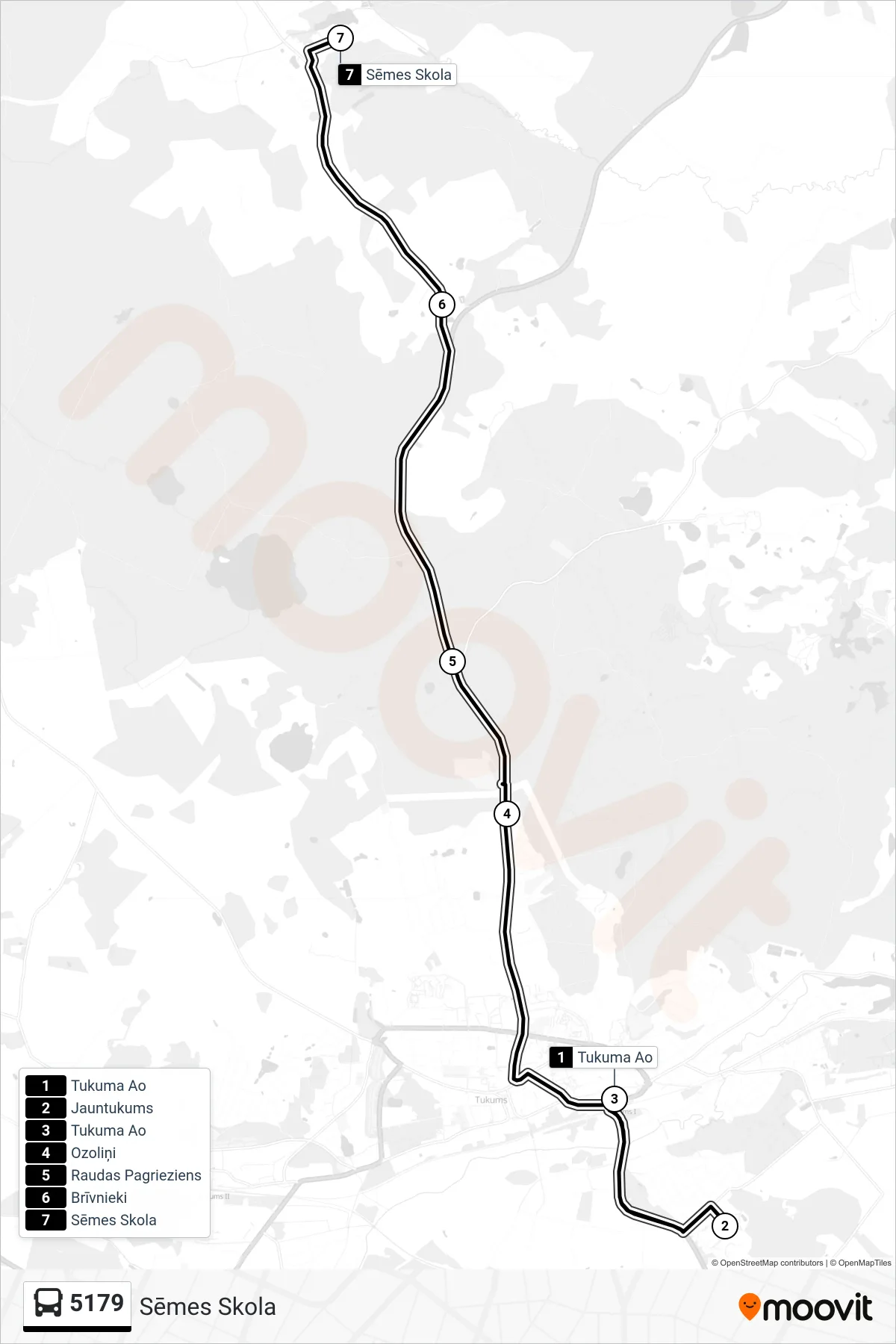 5179 bus Line (Sēmes Skola) route and stops on a map