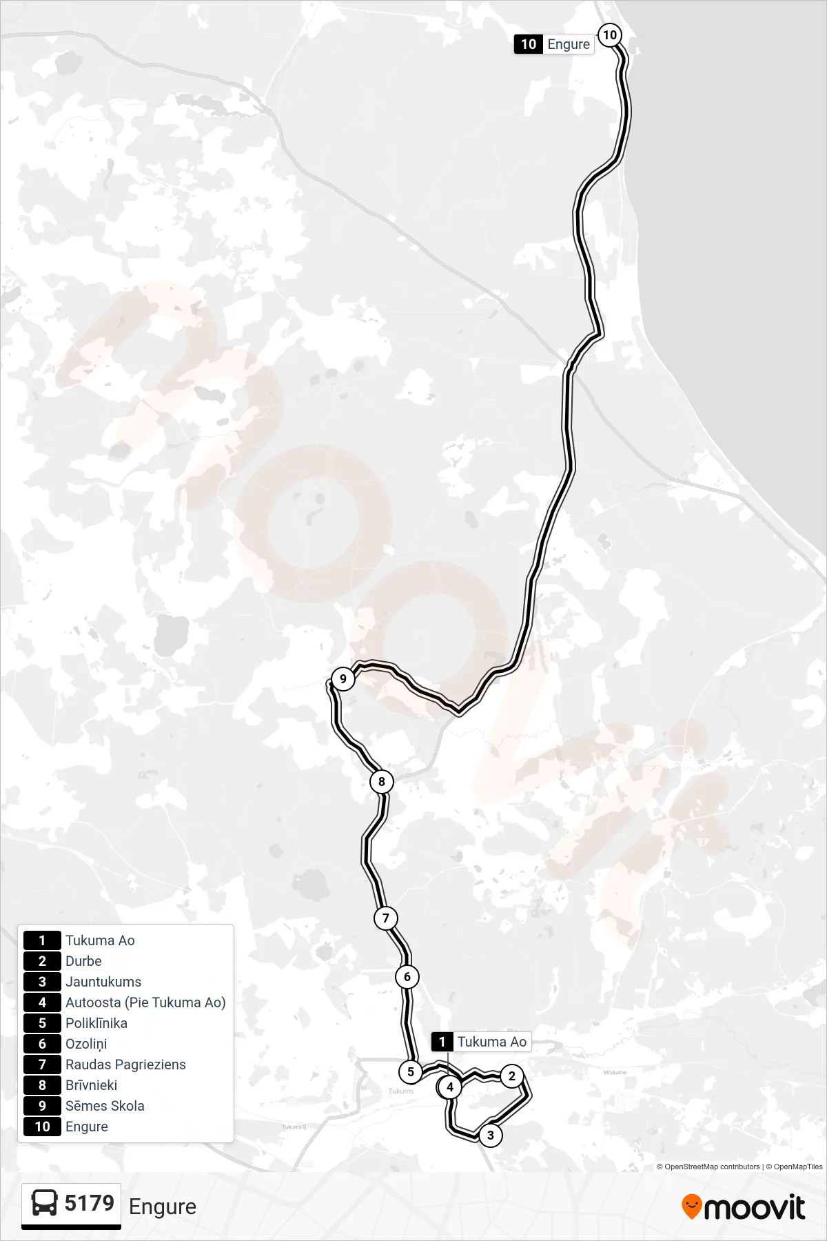 5179 bus Line (Engure) route and stops on a map