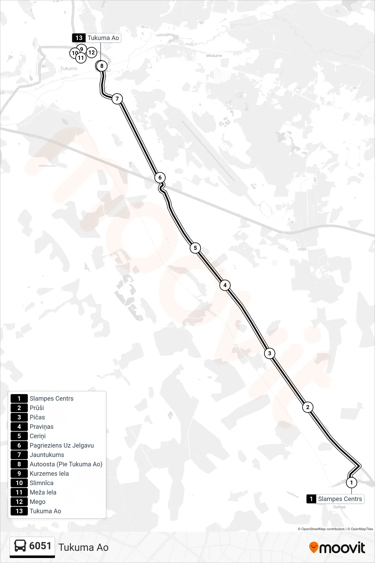 6051 bus Line (Tukuma Ao) route and stops on a map