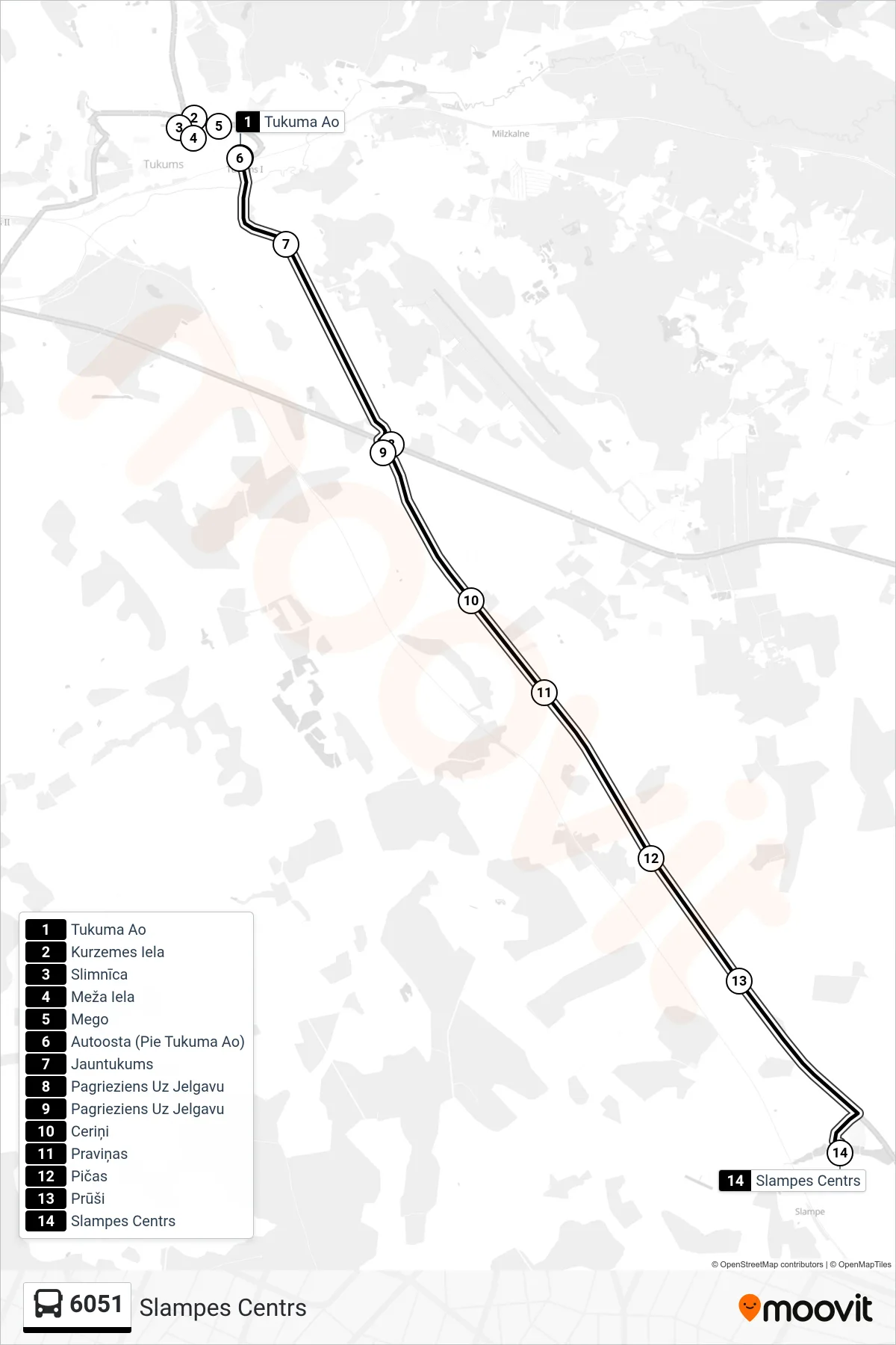 6051 bus Line (Slampes Centrs) route and stops on a map