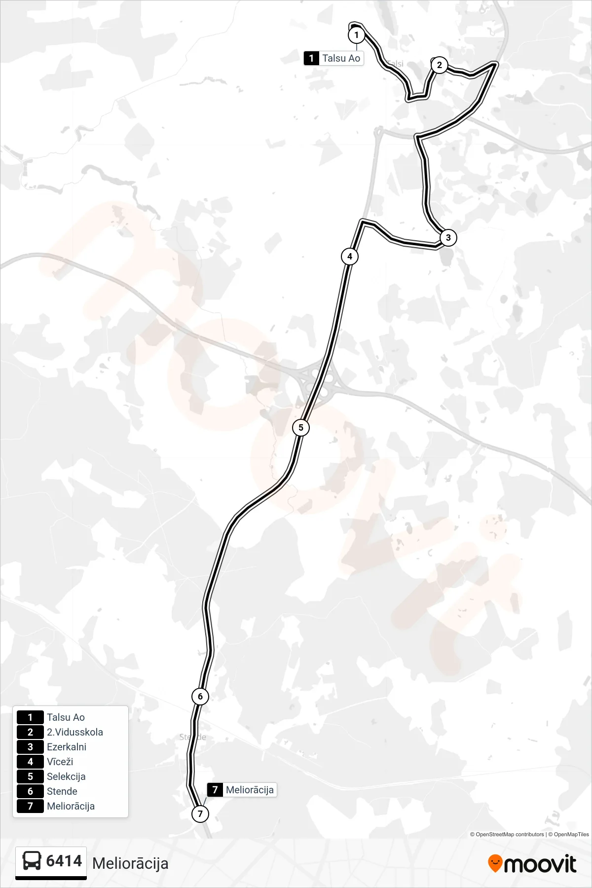 6414 bus Line (Meliorācija) route and stops on a map