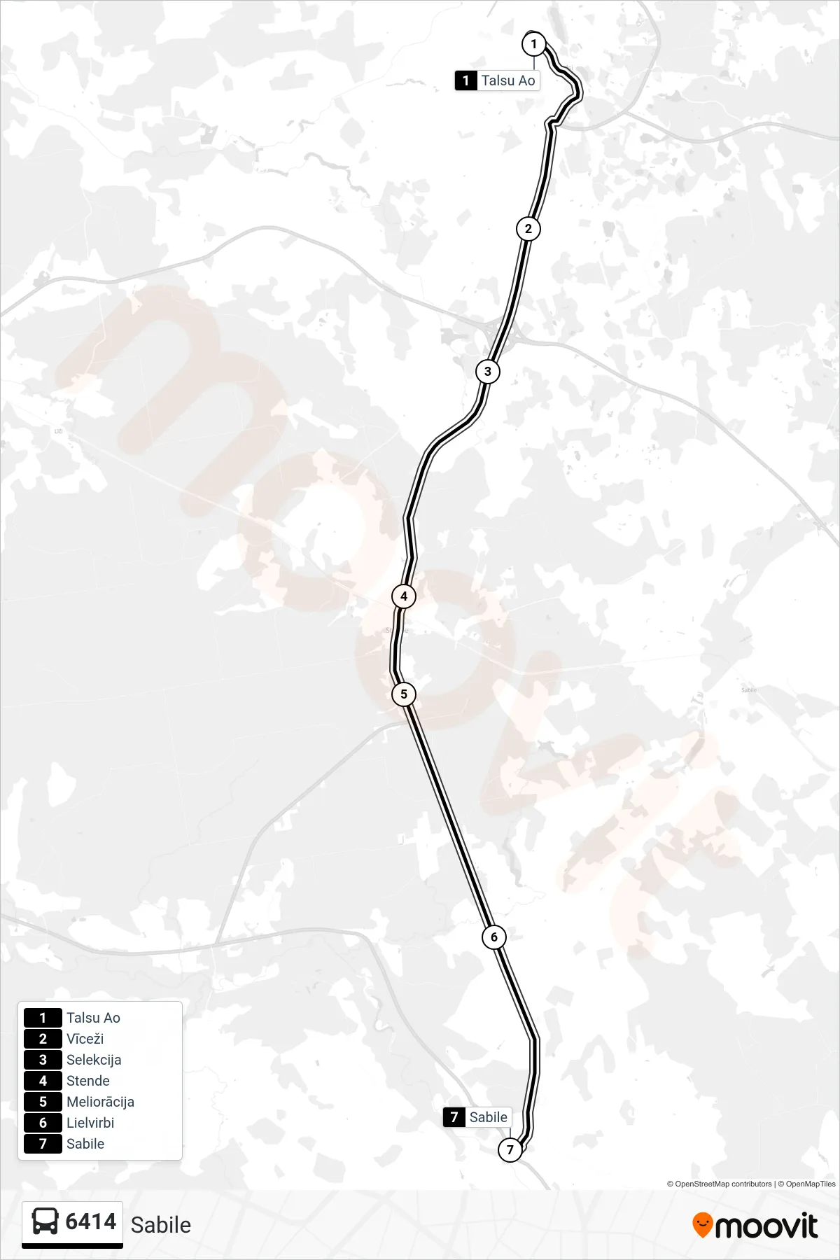 6414 bus Line (Sabile) route and stops on a map