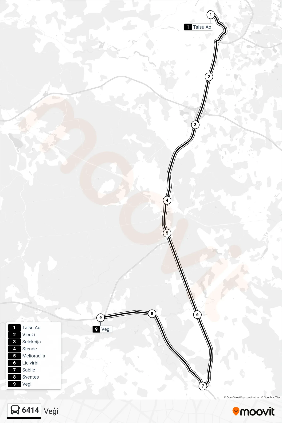 6414 bus Line (Veģi) route and stops on a map