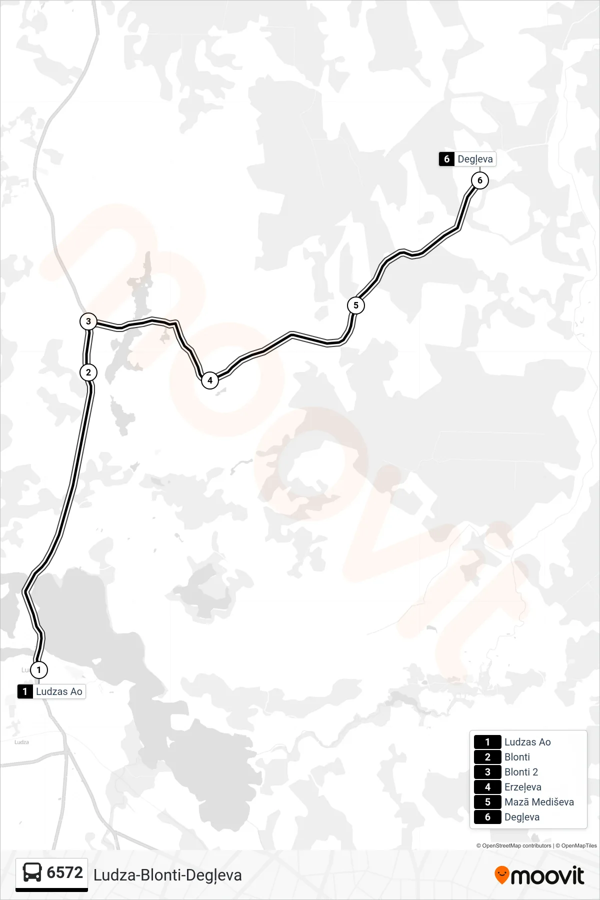 6572 bus Line (Degļeva) route and stops on a map