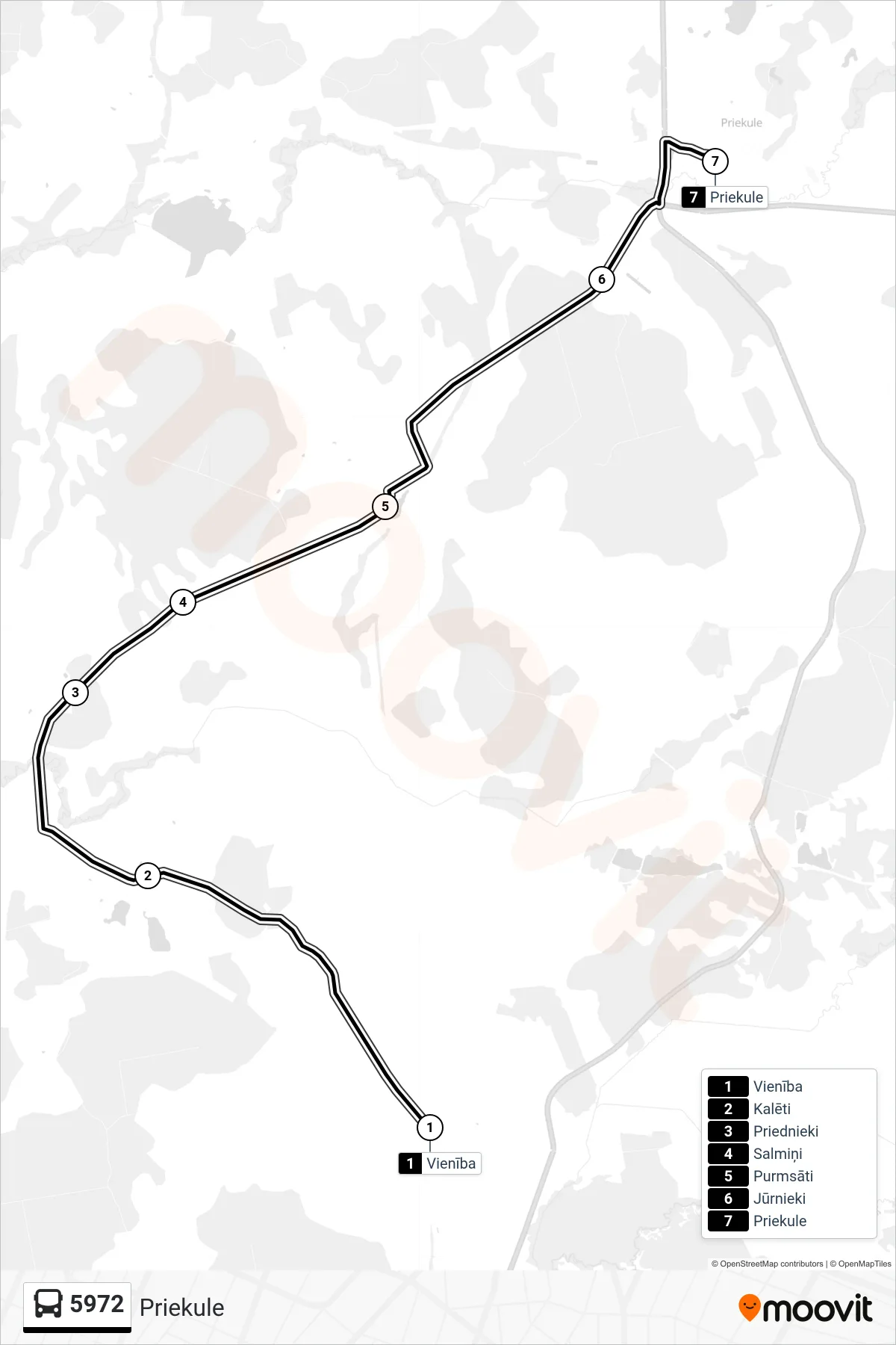 5972 bus Line (Priekule) route and stops on a map