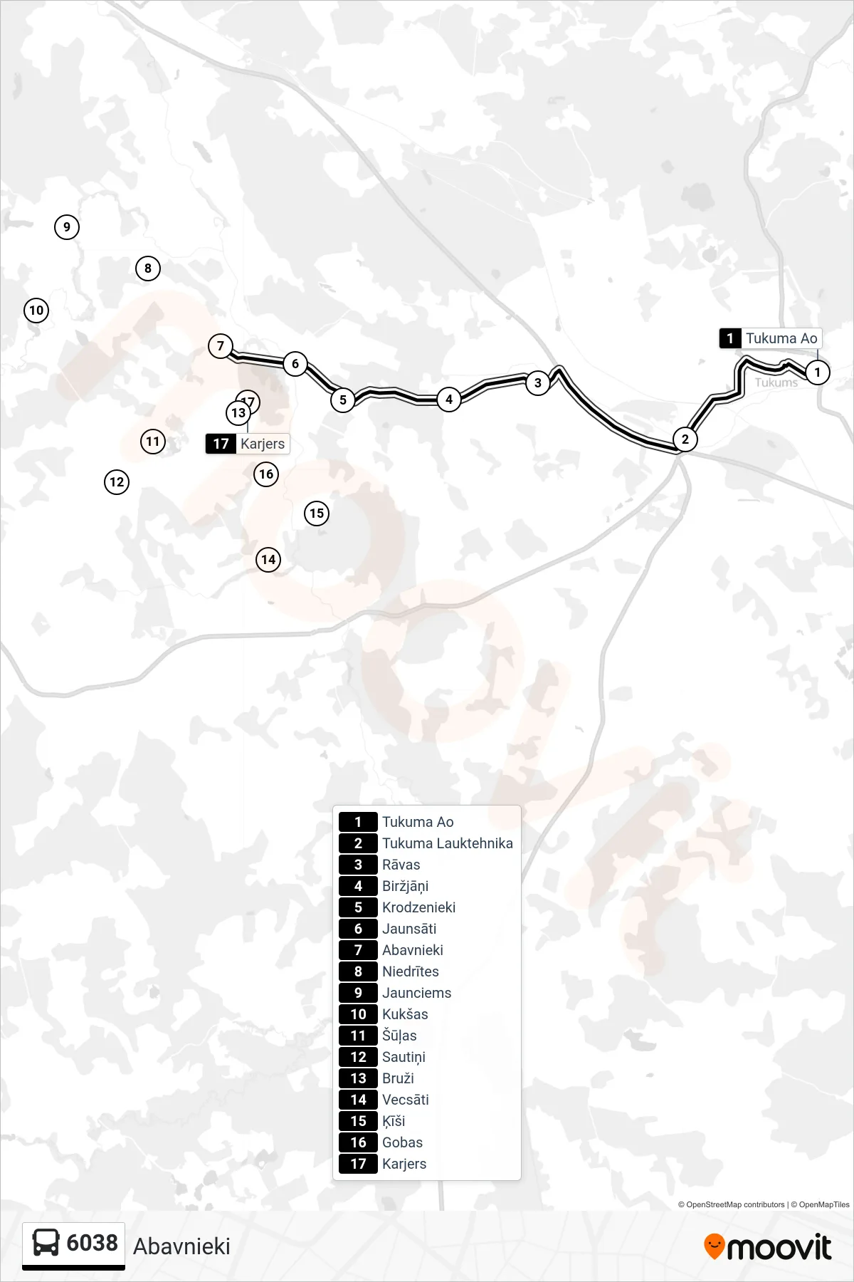 6038 bus Line (Abavnieki) route and stops on a map