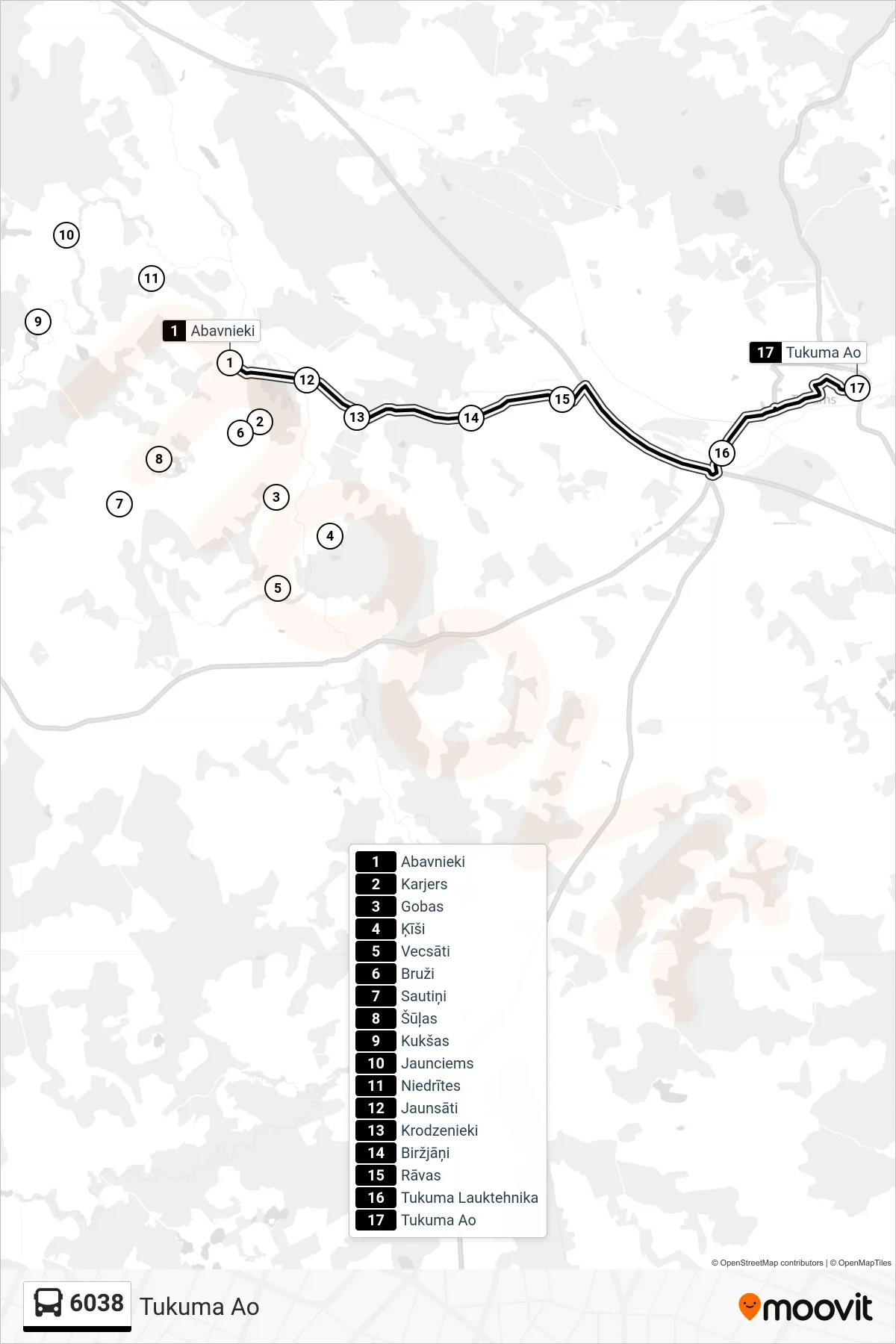 6038 bus Line (Tukuma Ao) route and stops on a map