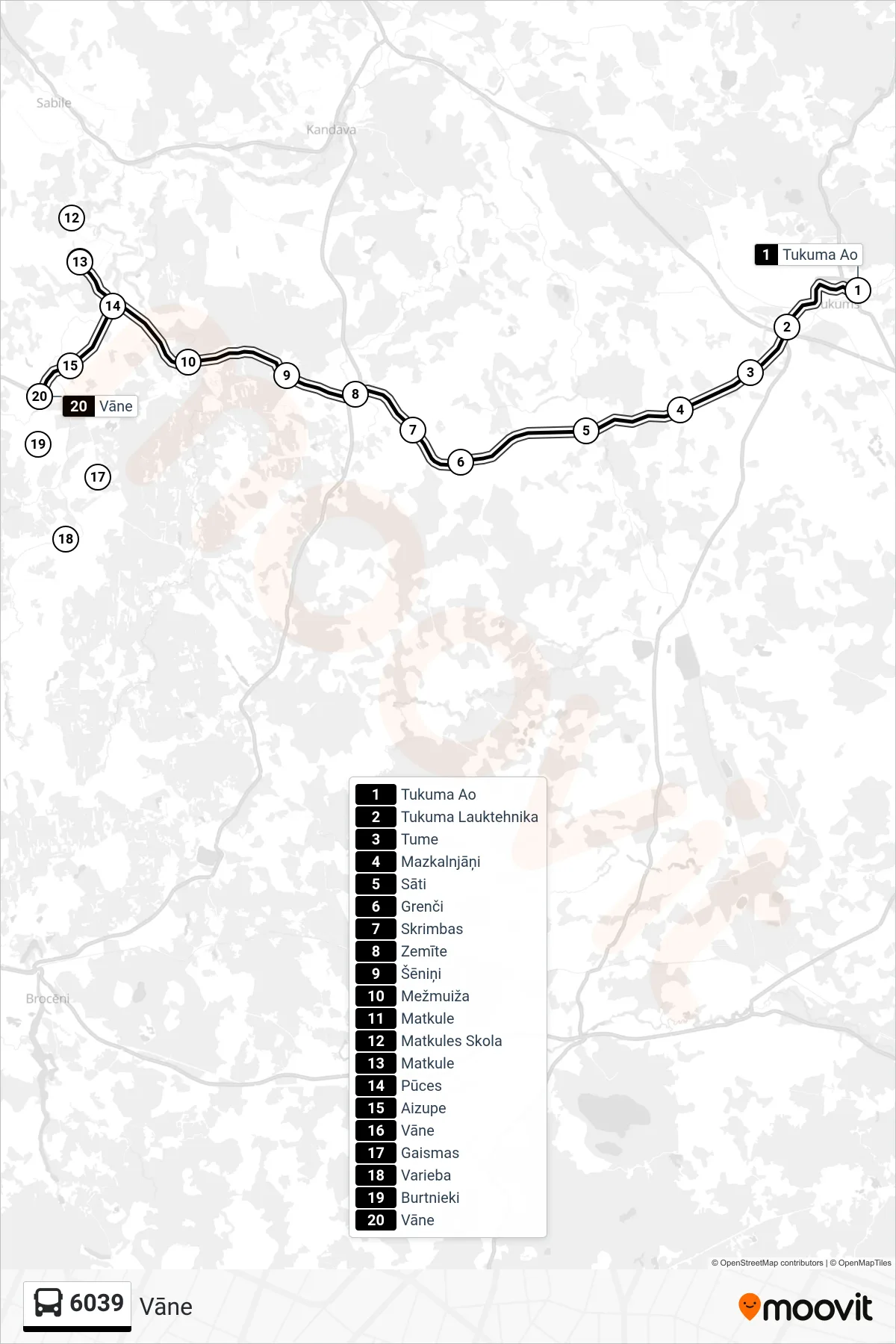 6039 bus Line (Vāne) route and stops on a map
