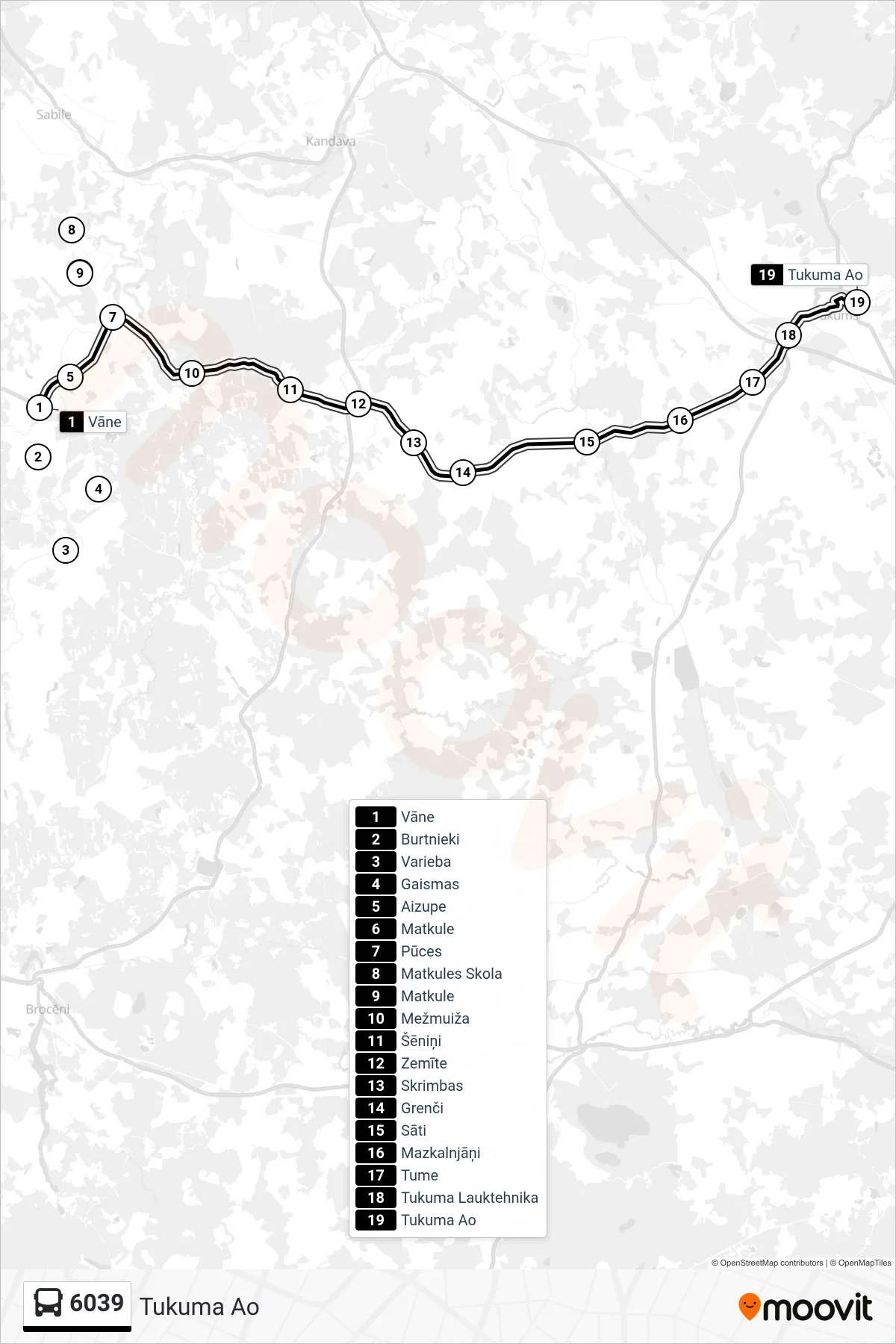 6039 bus Line (Tukuma Ao) route and stops on a map