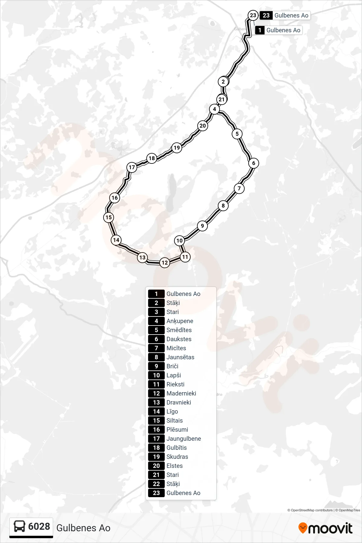 6028 bus Line (Gulbenes Ao) route and stops on a map