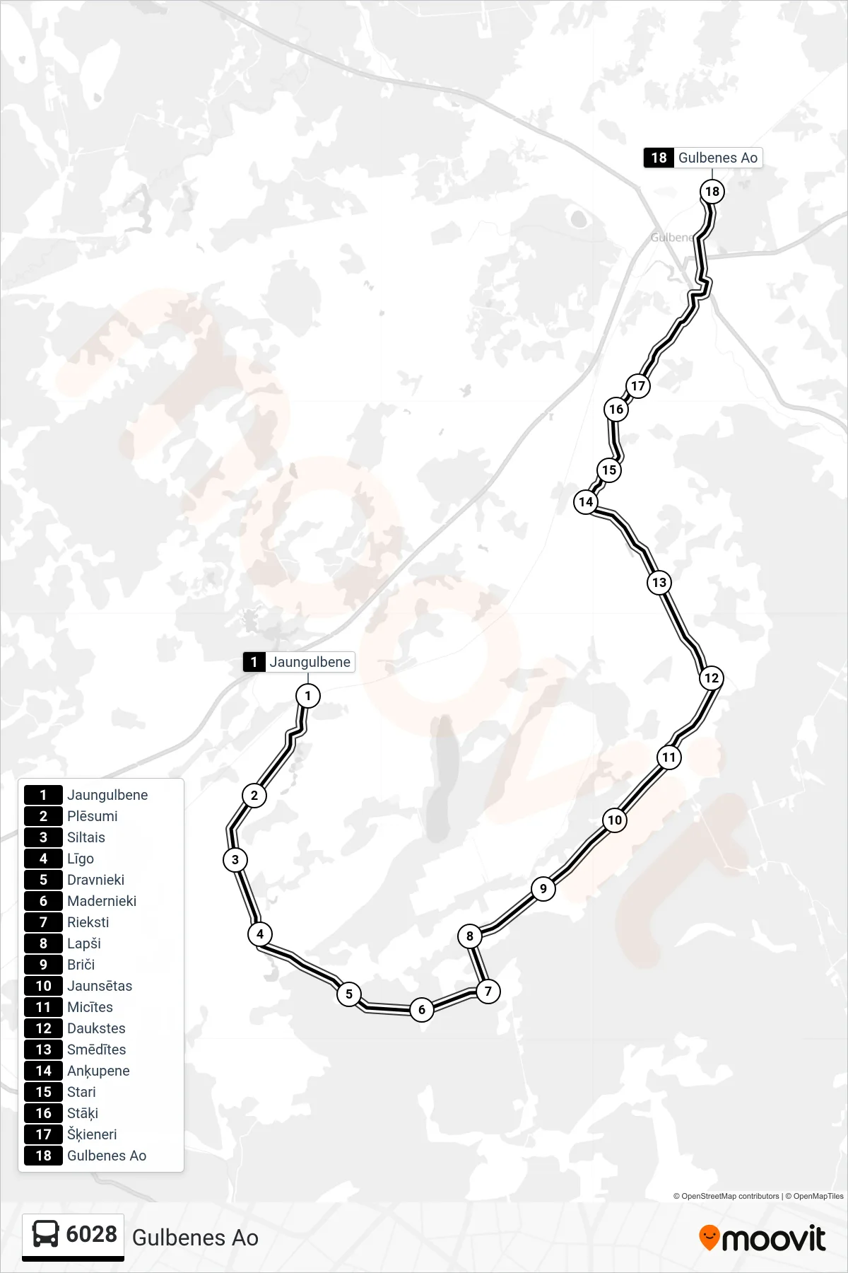 6028 bus Line (Gulbenes Ao) route and stops on a map