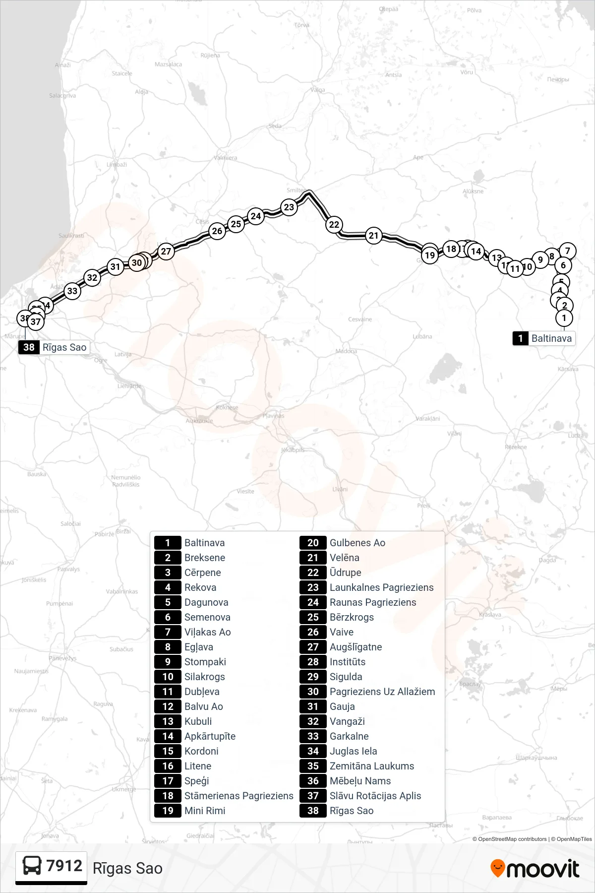 7912 bus Line (Rīgas Sao) route and stops on a map