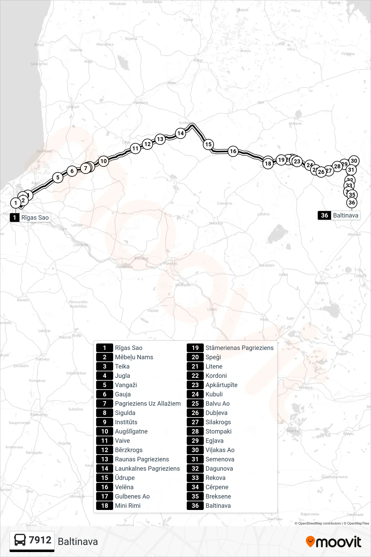 7912 bus Line (Baltinava) route and stops on a map