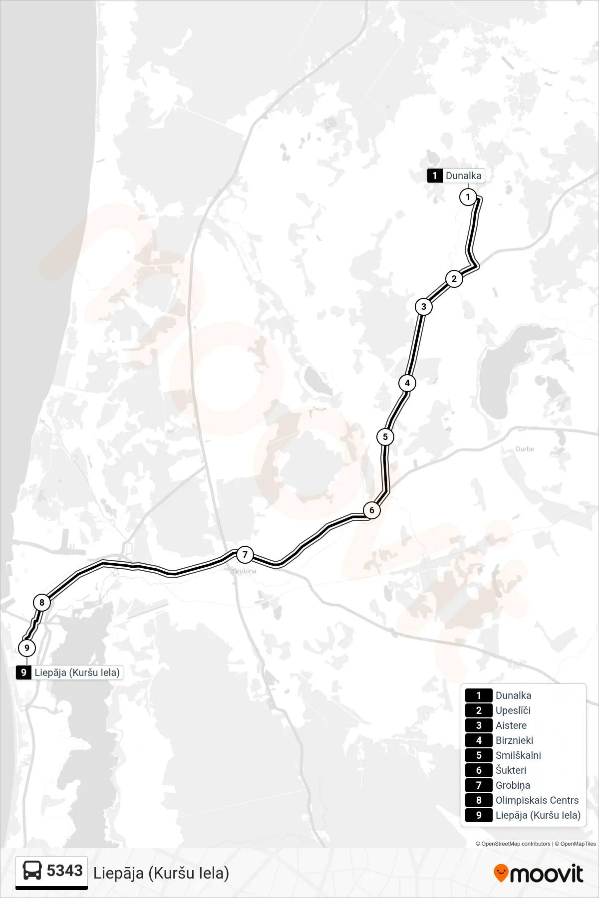 5343 bus Line (Liepāja (Kuršu Iela)) route and stops on a map