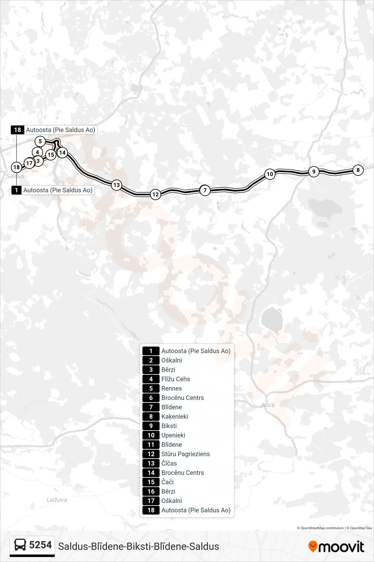 5254 bus Line (Autoosta (Pie Saldus Ao)) route and stops on a map