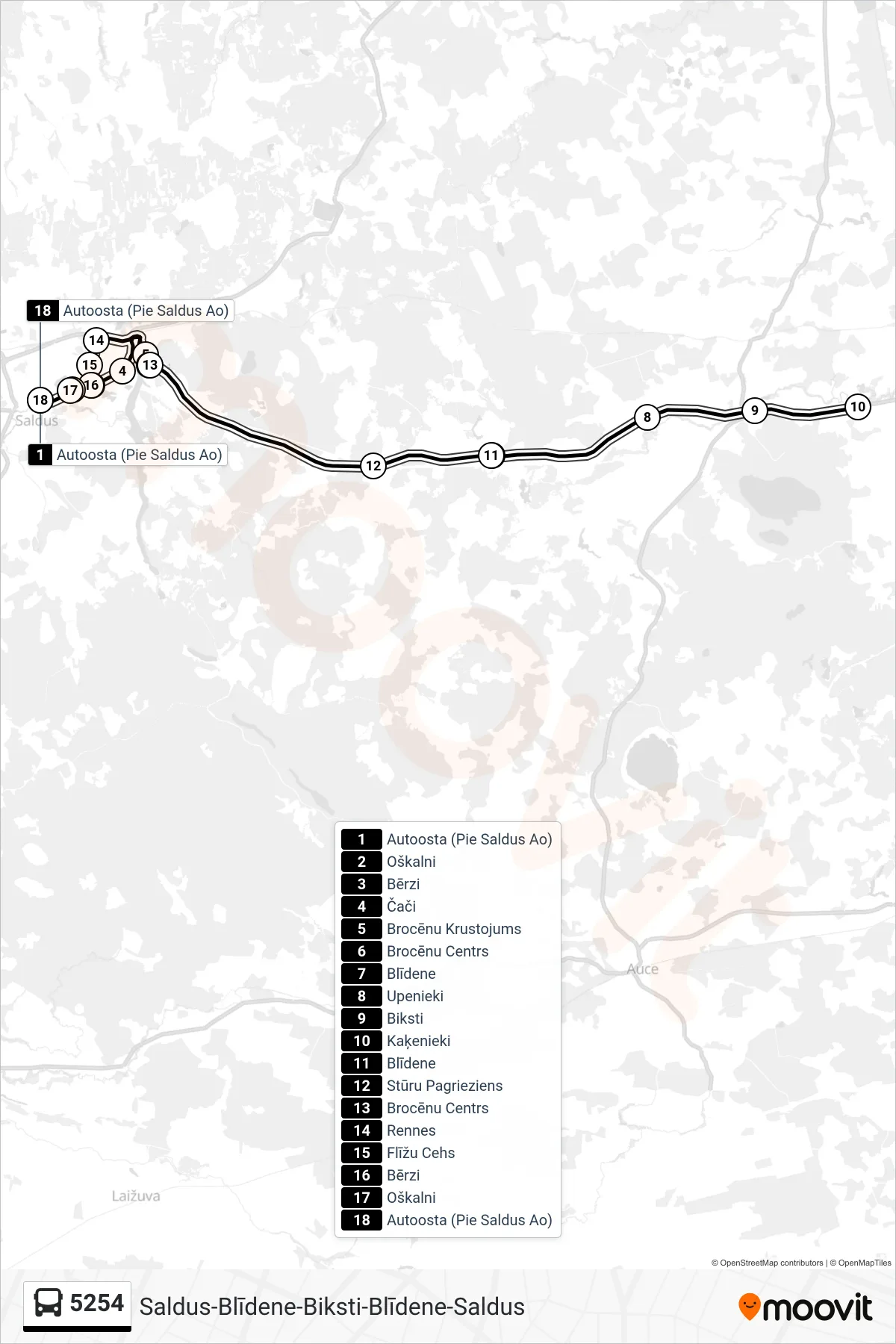 5254 bus Line (Autoosta (Pie Saldus Ao)) route and stops on a map
