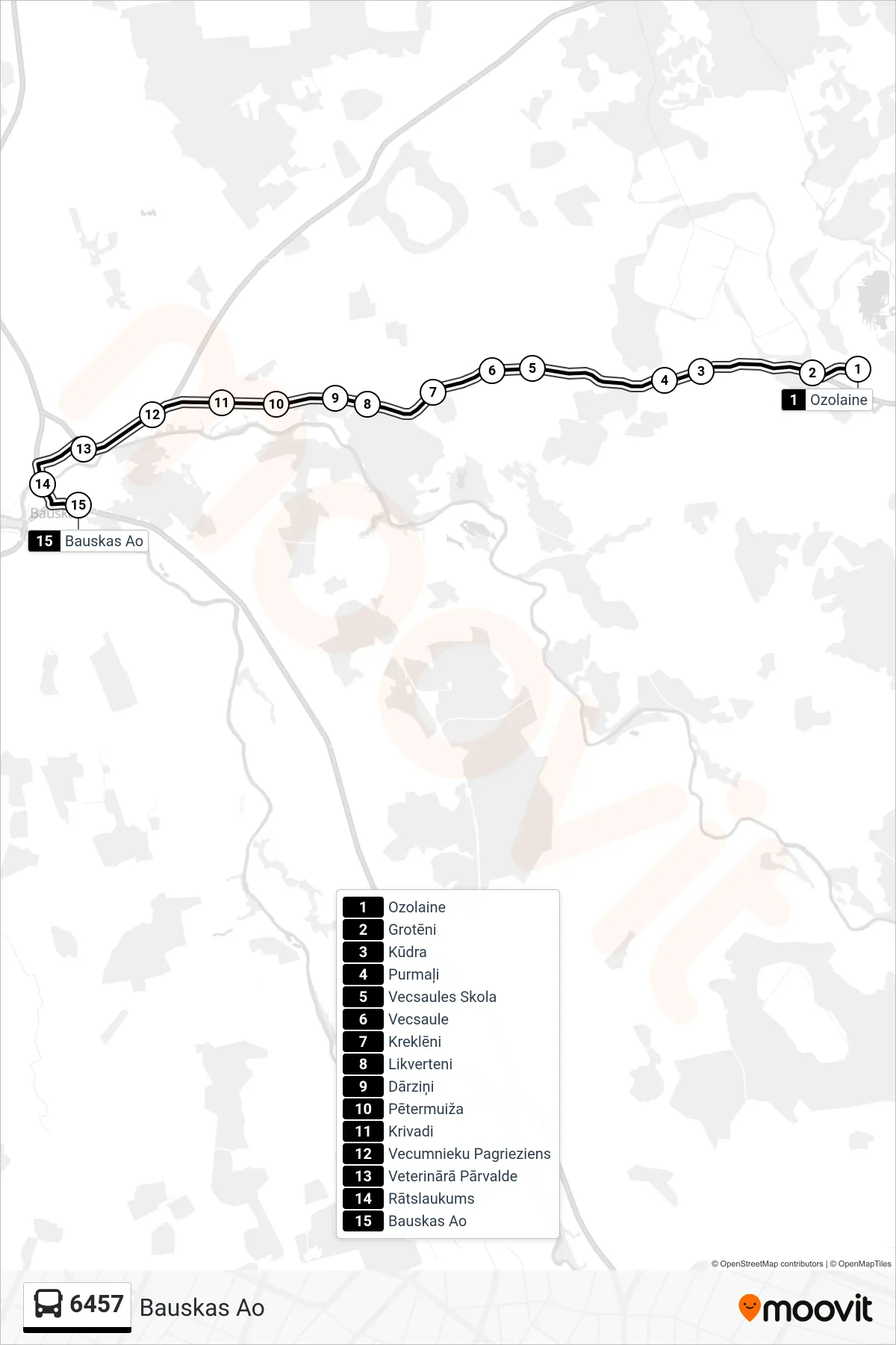 6457 bus Line (Bauskas Ao) route and stops on a map