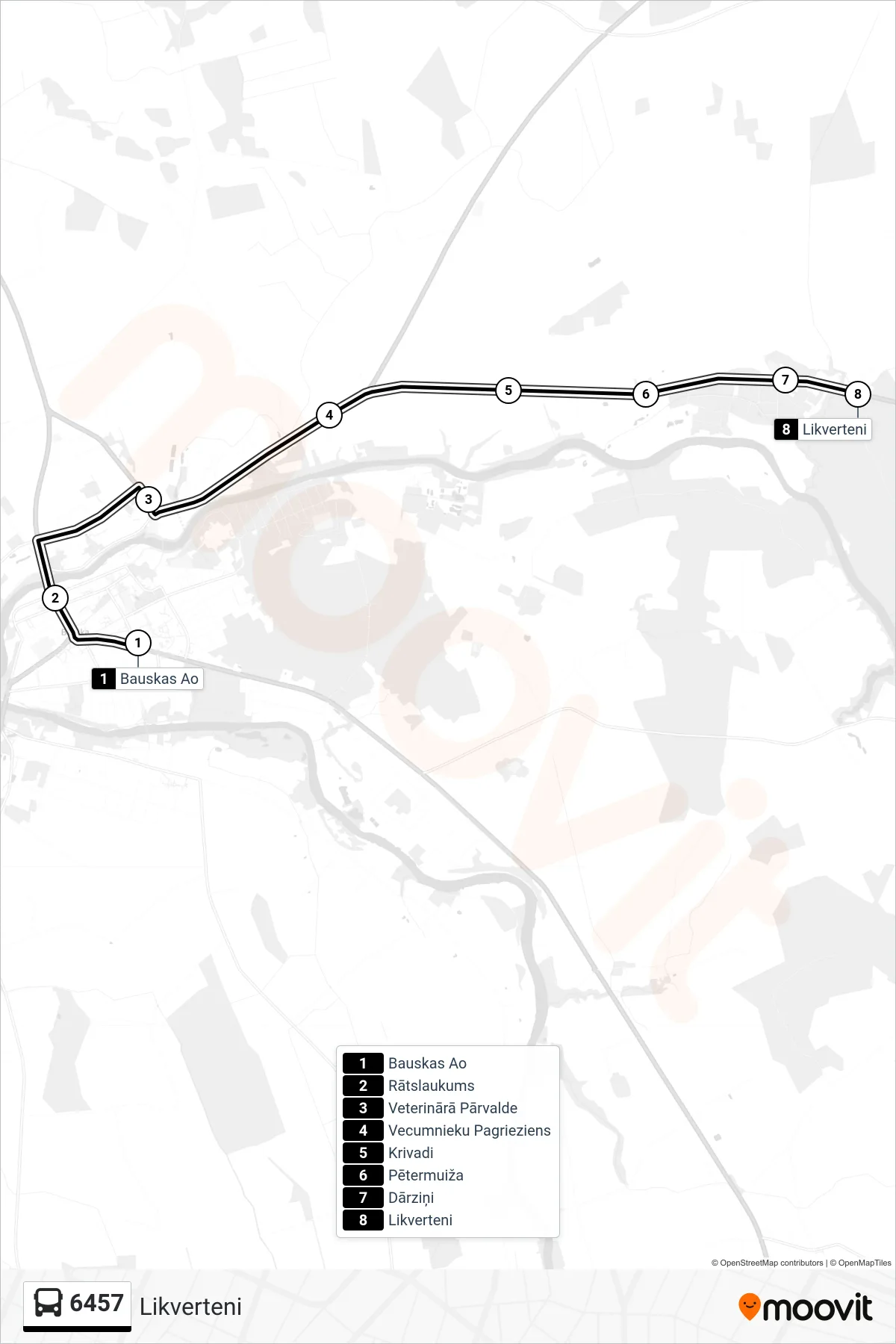 6457 bus Line (Likverteni) route and stops on a map