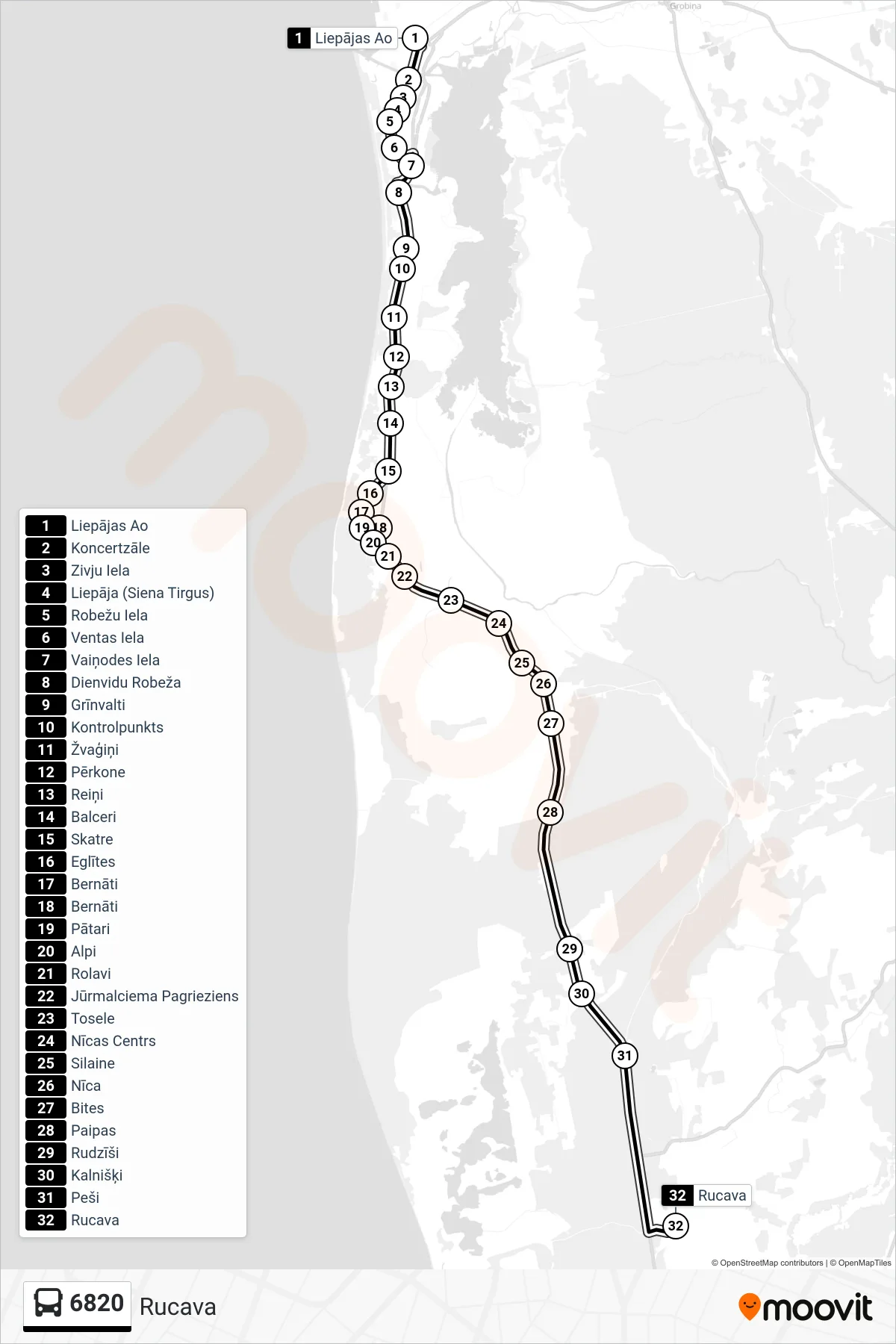 6820 bus Line (Rucava) route and stops on a map