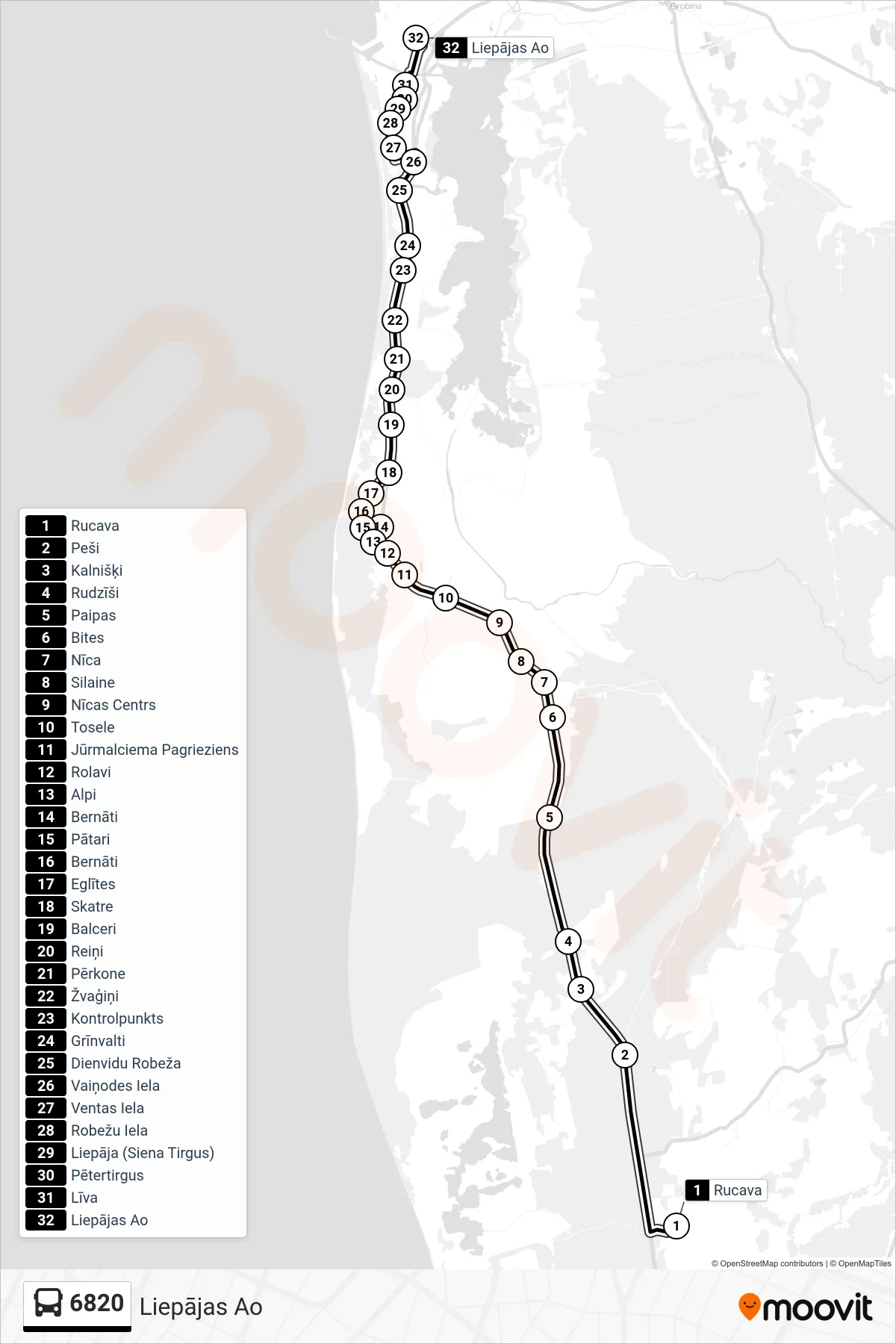 6820 bus Line (Liepājas Ao) route and stops on a map