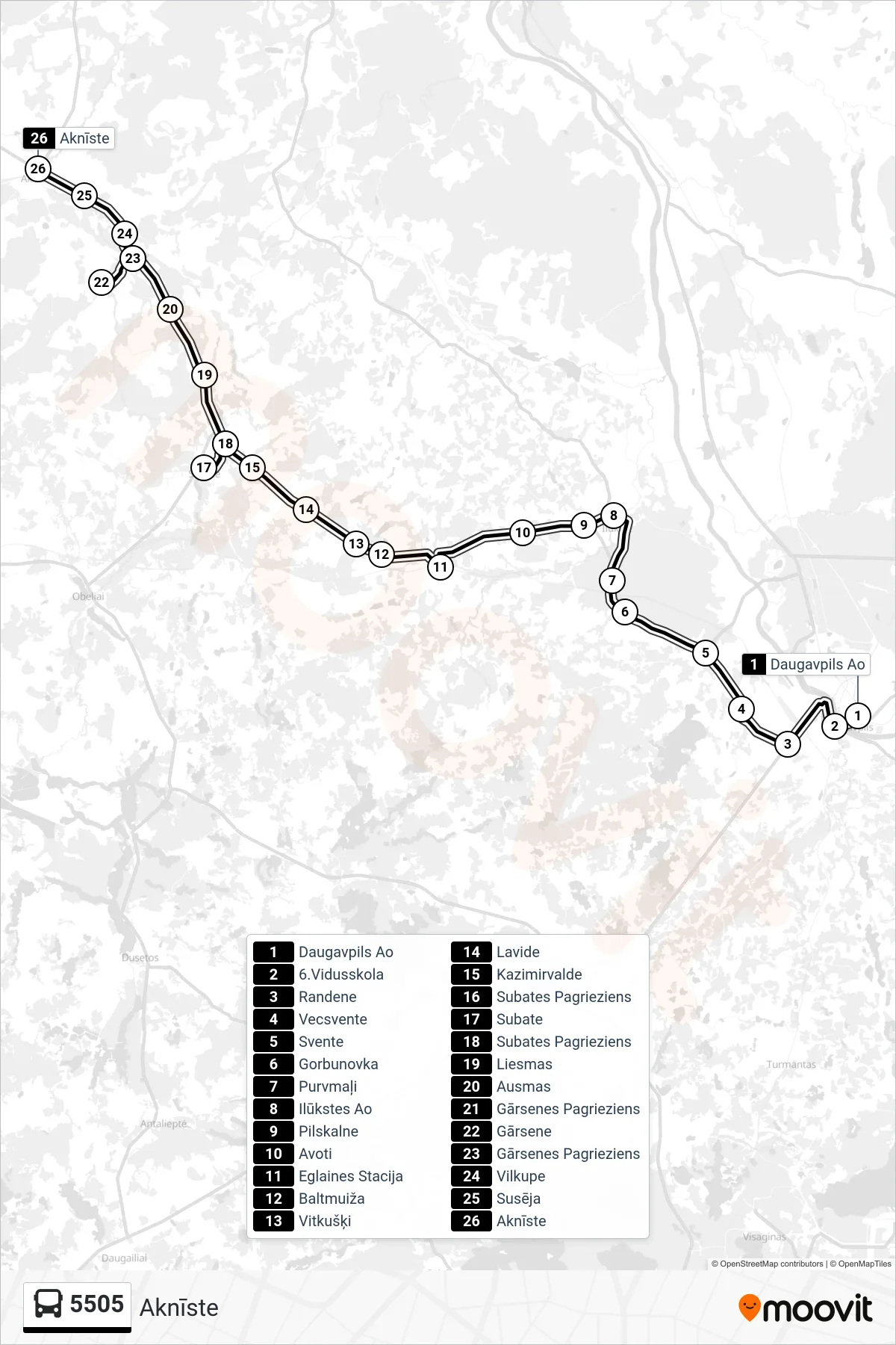 5505 bus Line (Aknīste) route and stops on a map