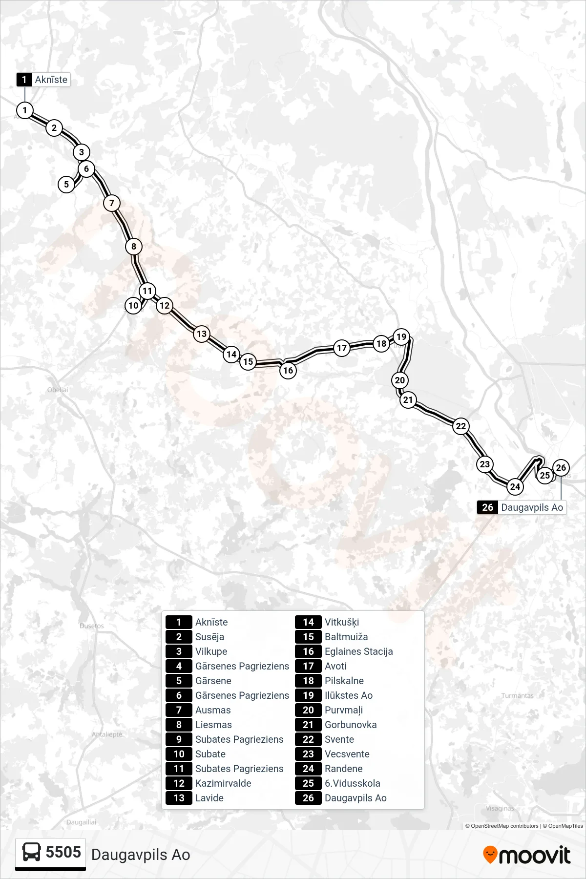 5505 bus Line (Daugavpils Ao) route and stops on a map