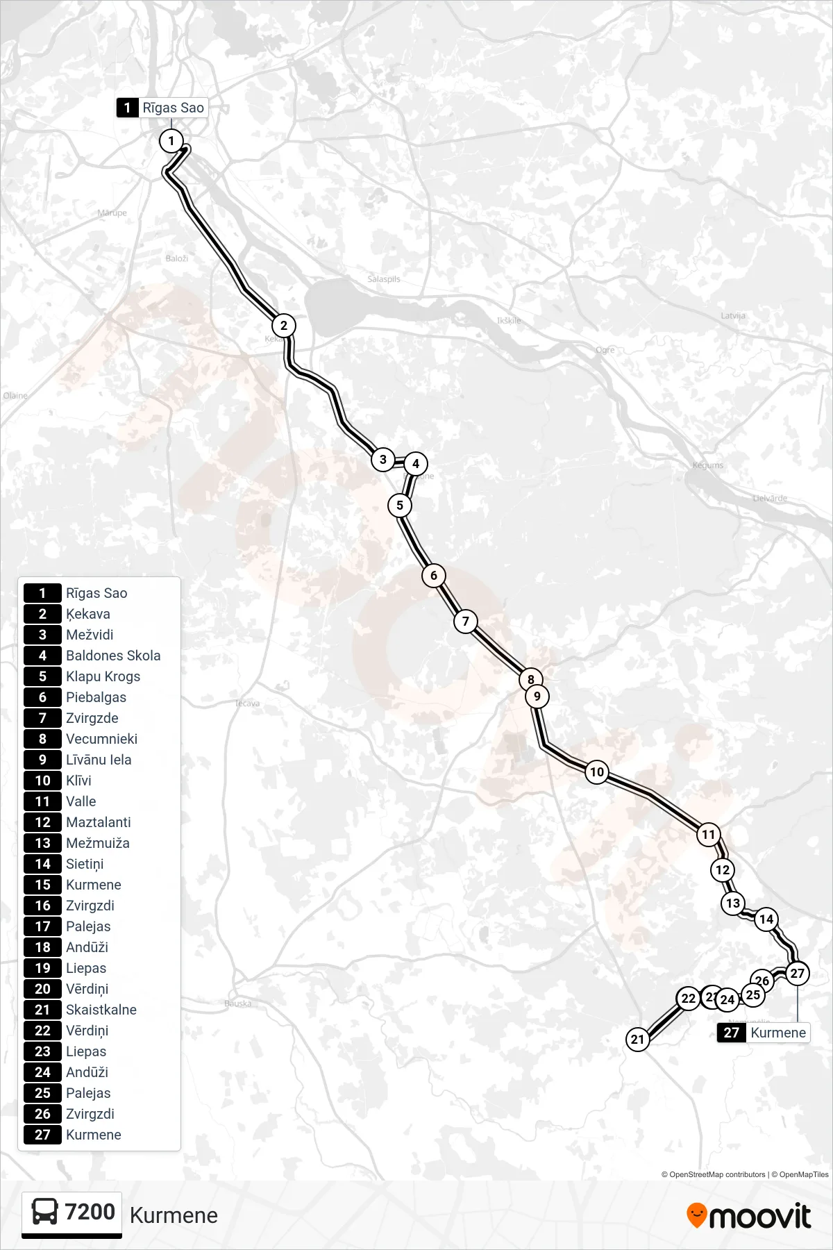 7200 bus Line (Kurmene) route and stops on a map