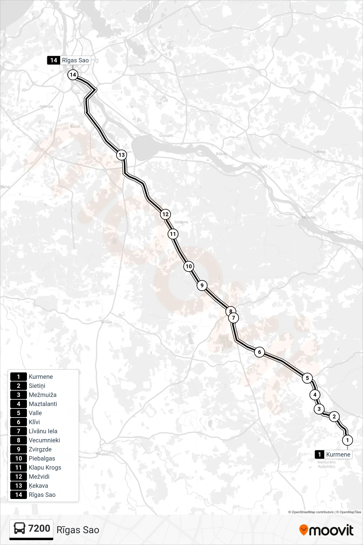 7200 bus Line (Rīgas Sao) route and stops on a map