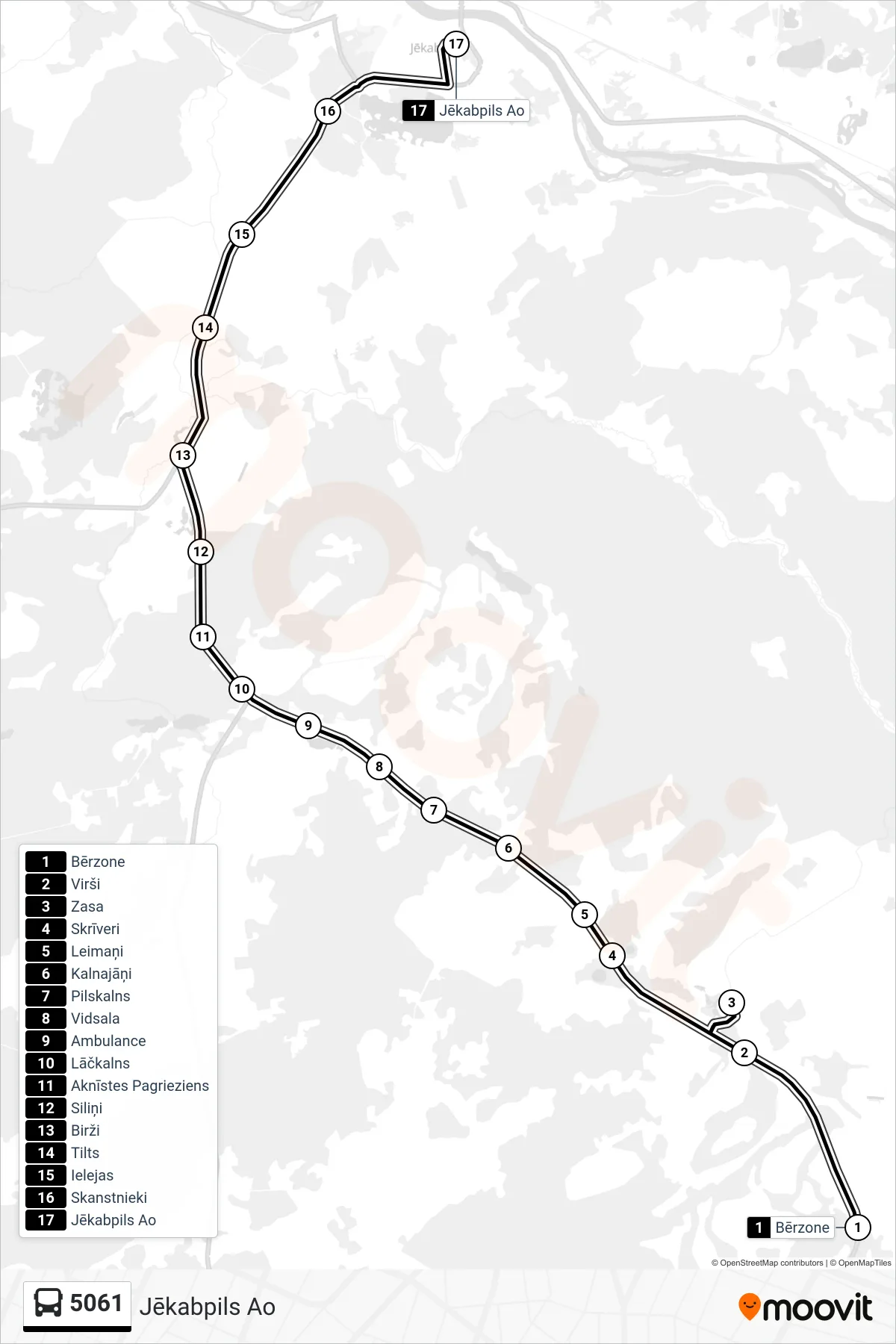 5061 bus Line (Jēkabpils Ao) route and stops on a map